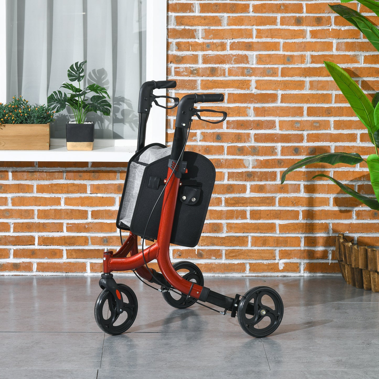 3-wiel rollator – wandelwagen – loophulp – rollator met remmen – inklapbare rollator – verstelbare hoogte 86,5-99 cm – lichtgewicht aluminium frame – met opbergtas – rood