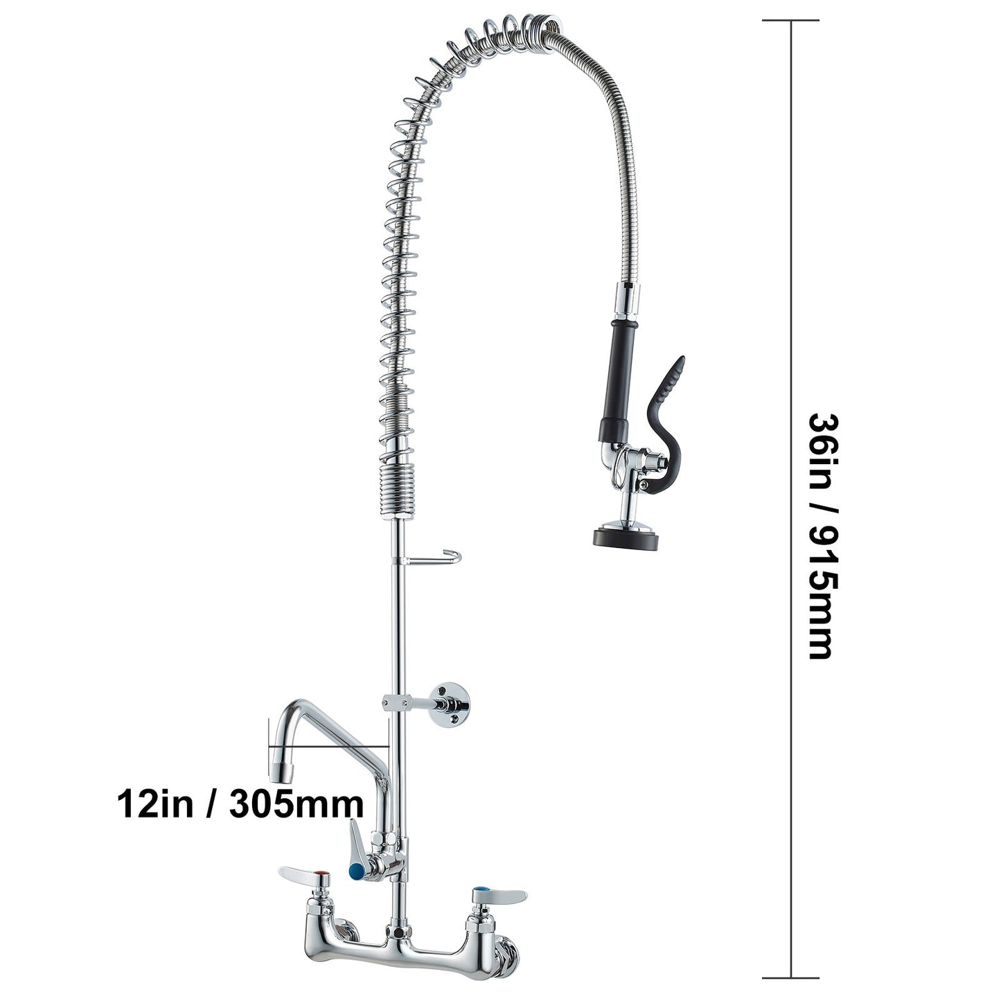 Professionele Keukenkraan – Wandkraan – Spoelkraan – Pre-Rinse Kraan – Keukenmengkraan – Messing Constructie – 90 cm Hoogte Met 30 cm Draaibare Uitloop