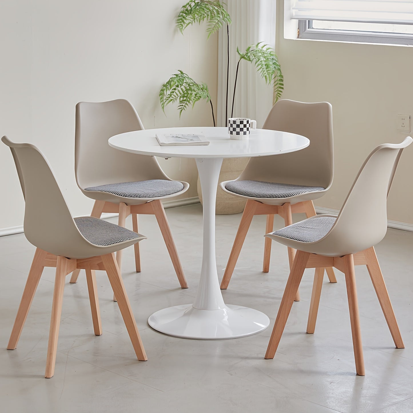 EGOONM Set of 4/6 Scandinavian Dining Chairs - Modern Nordic Style Kitchen Chairs with PP Seat, Linen Cushion & Beechwood Legs, Brown, Armless Design for Comfortable Dining, Dining Room Furniture, Minimalist Chair Design, Dur