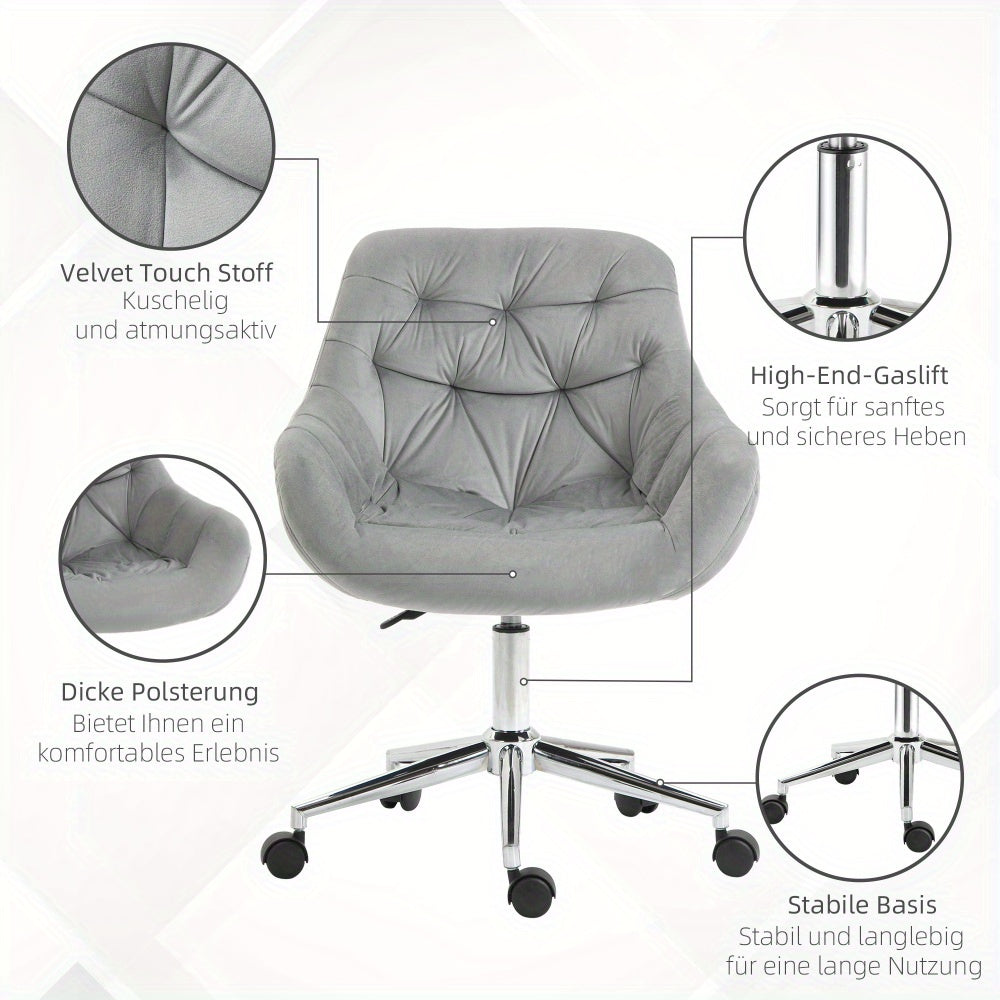 Bureaustoel – Kantoorstoel – Draaistoel – Ergonomische Stoel – Verstelbare Stoel – Compact Formaat – Hoogte Verstelbaar – Grijze Velvet Bekleding – Geschikt Tot 120 kg