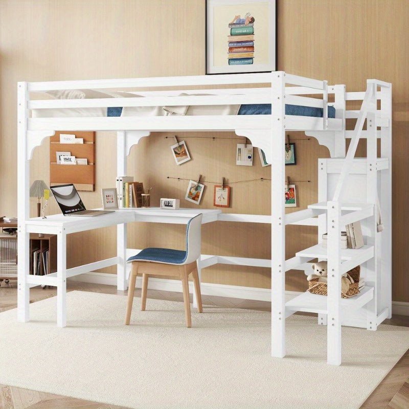 Hoogslaper – Halfhoogslaper – Stapelbed – Bedbank – Multifunctioneel Bed – 140x200 cm – Wit Metalen Frame – Met Bureau en Kledingrek – Ruimtebesparend Design