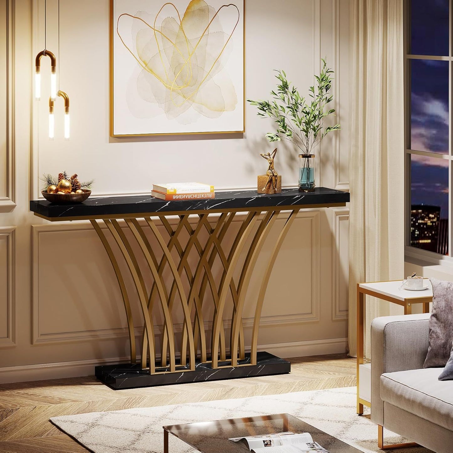 Sidetable – Console Tafel – Entree Tafel – Halmeubel – Woonkamer Meubel – Zwart Met Gouden Accenten – 150 cm Lang Met Stevig Metaal Frame