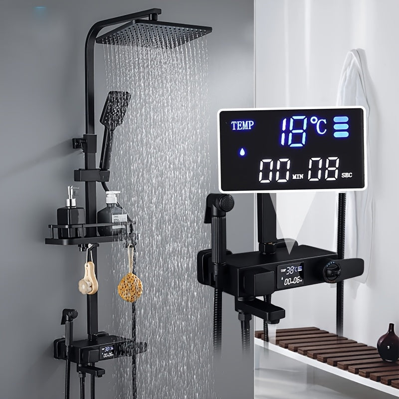 Regendouche Systeem – Regendouchekraan – Douchepaneel – Badkamerkraan – Thermostaatkraan – Mat Zwart Koper – Thermostatisch Digitaal Display – Geïntegreerde Bidetfunctie