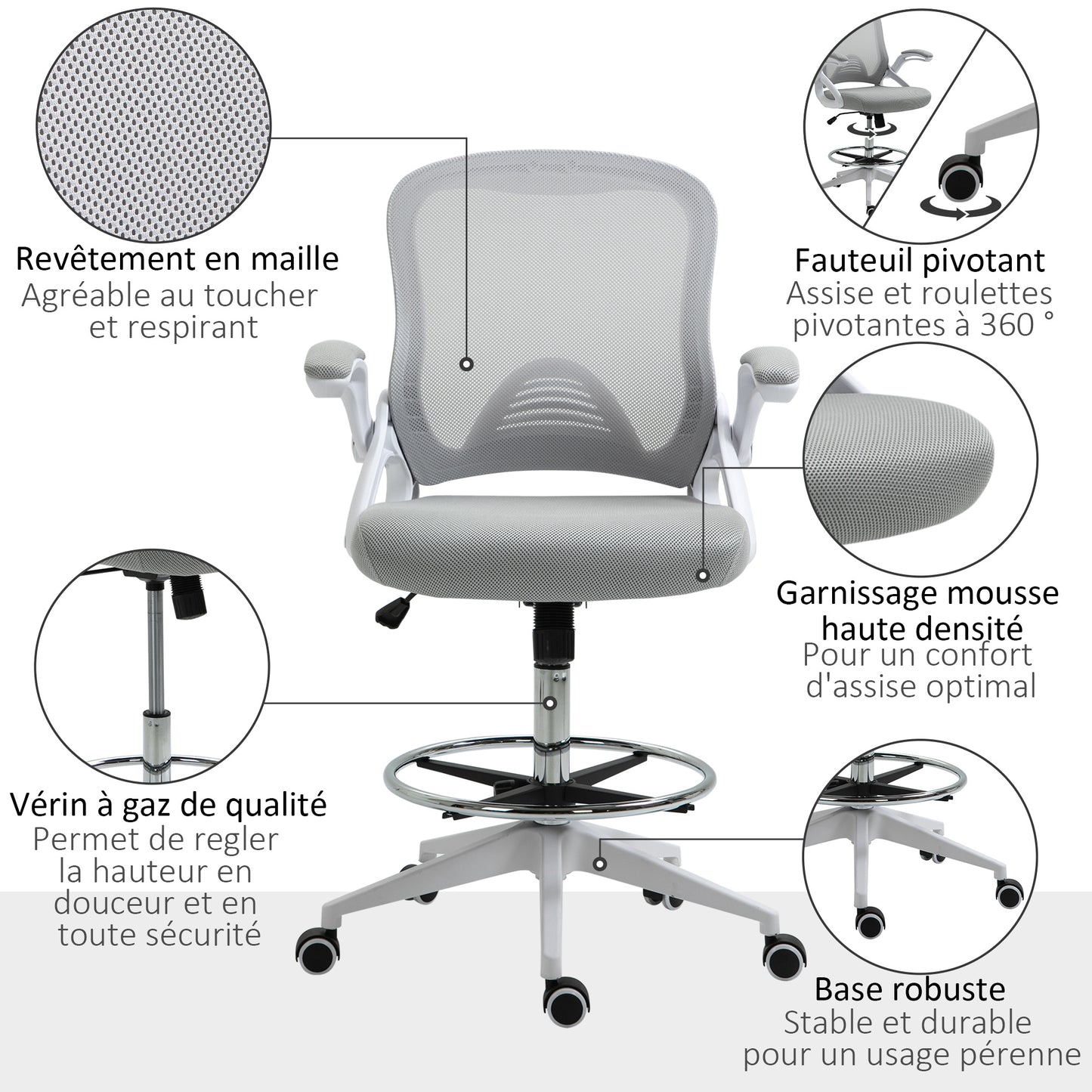 Bureaustoel – Office Chair – Werkstoel – Draaistoel – Bureaustoel Met Wieltjes – Verstelbare Hoogte – Ademend Mesh Grijs-Wit
