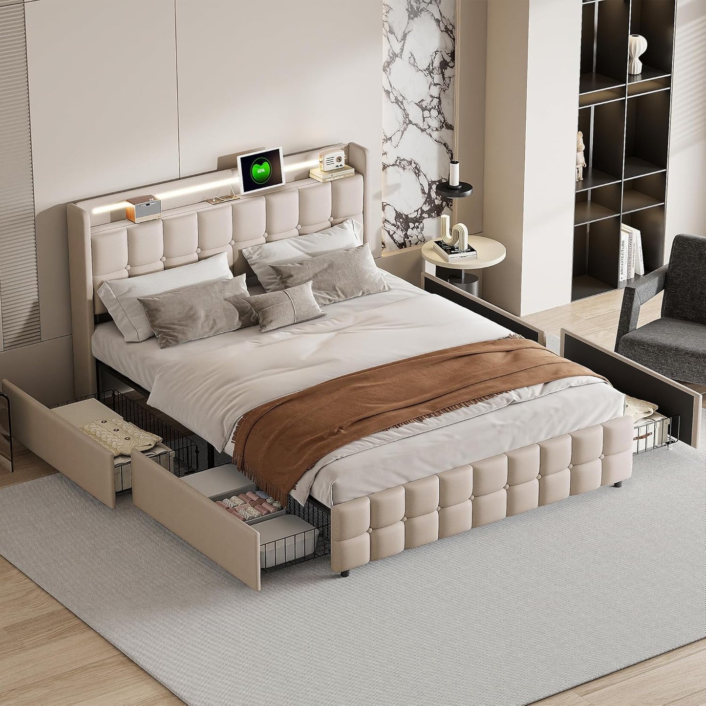 Tweepersoonsbed – Opbergbed – Gestoffeerd Bed – Bed 160x200 – Slaapbed – Met LED Verlichting – 4 Lades – USB Oplader – Houten Frame – Beige