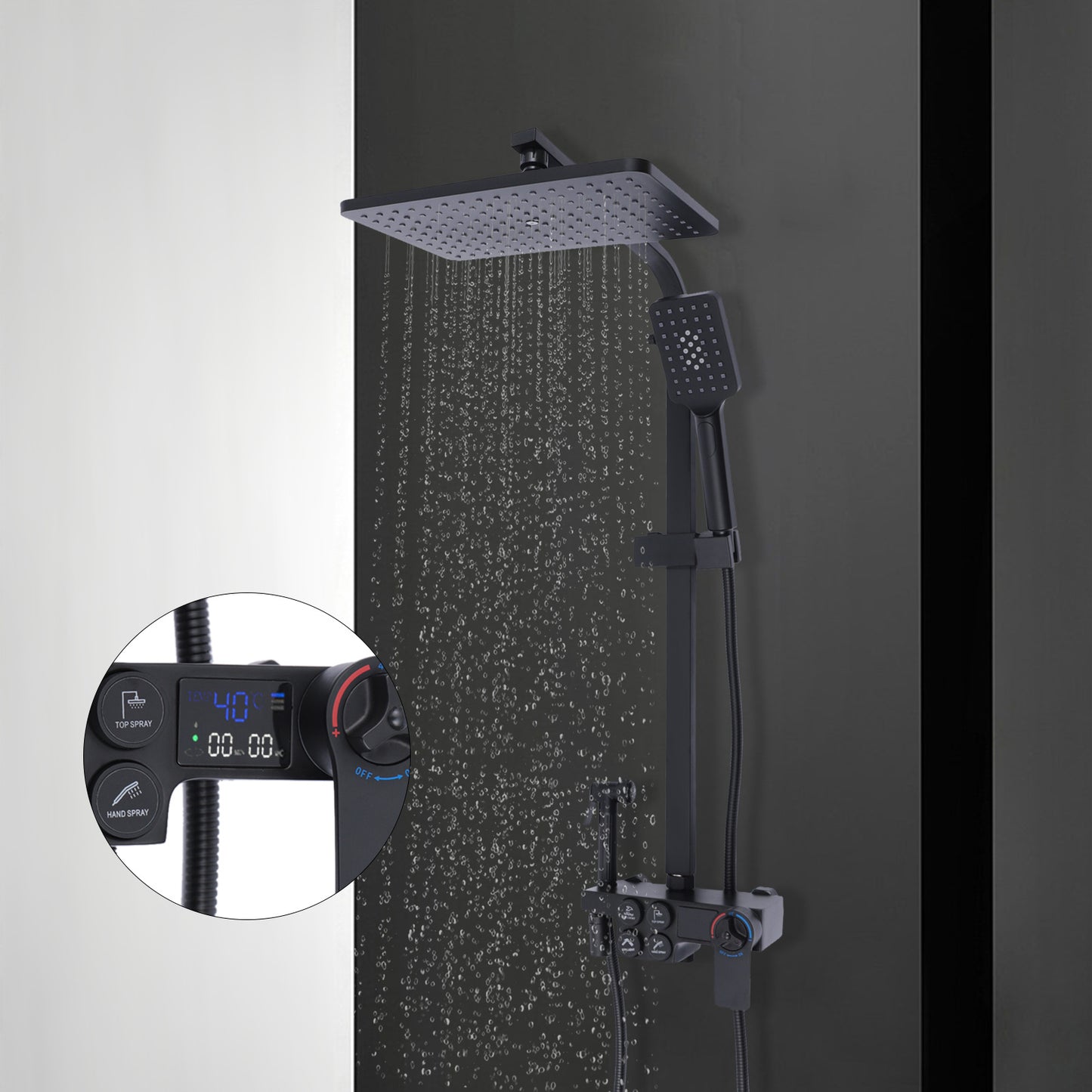Thermostatic black shower head set, suitable for all kinds of bathrooms, Copper, Black