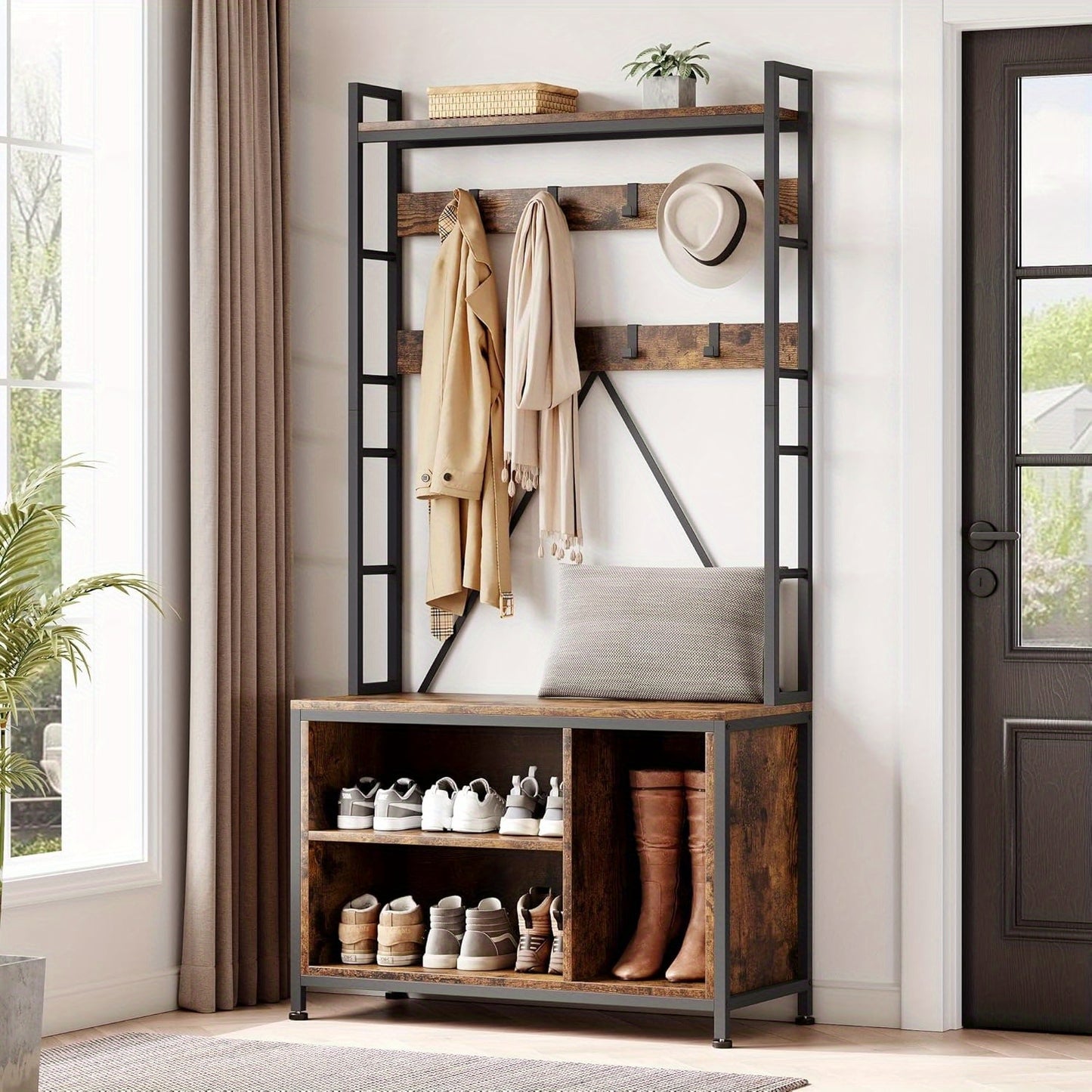 5-in-1 Halmeubel – Kapstok – Schoenenrek – Opbergmeubel – Zitbank – Stevig Metalen Frame – 17 Haken & 2 Lades – Rustiek Bruin – Vrijstaand Design