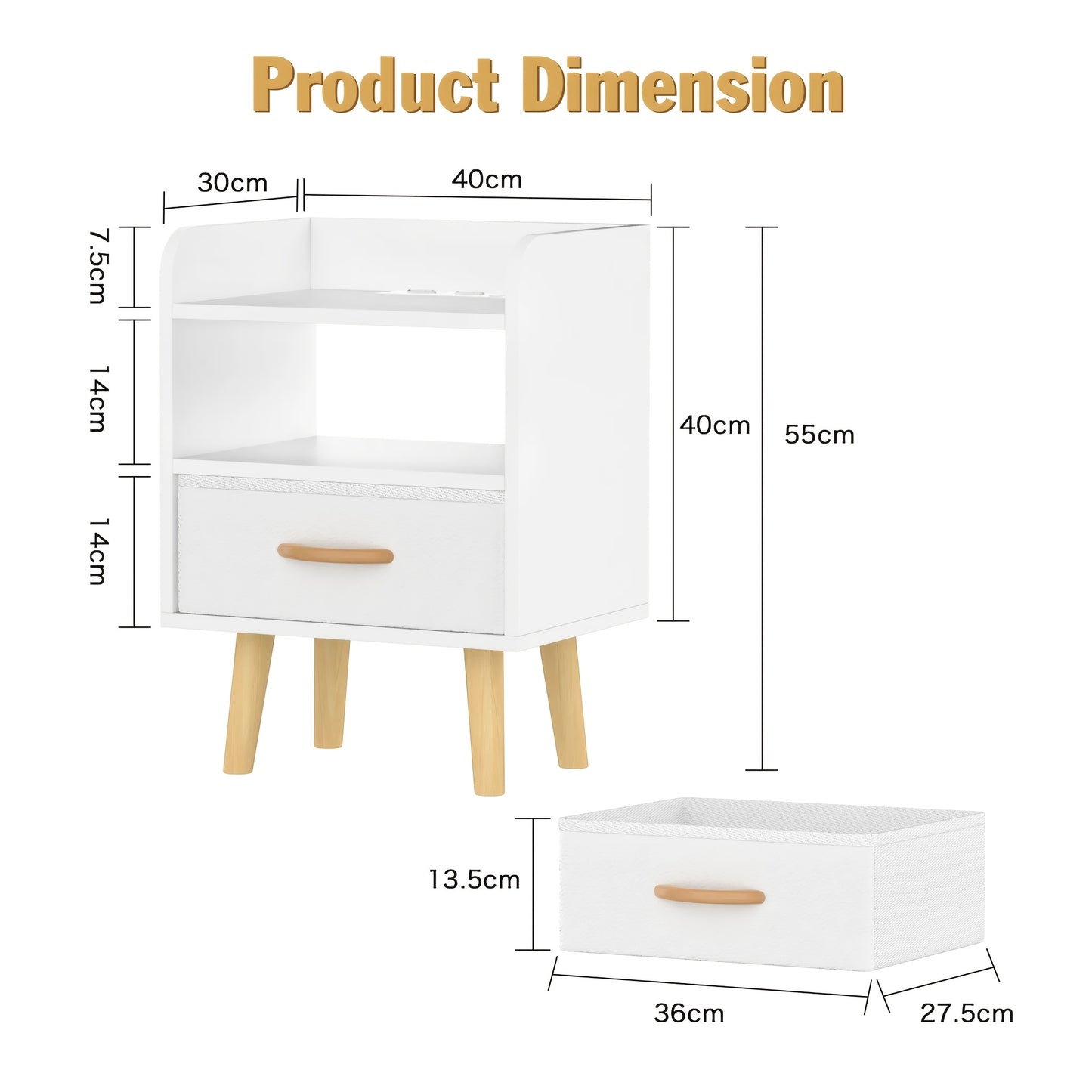 Nachtkastje – Bedside Table – Side Table – End Table – Nightstand – Mid-Century Modern – Wit – Met Lade & Open Plank – Compact 40x30x61 cm – Duurzaam MDF Hout