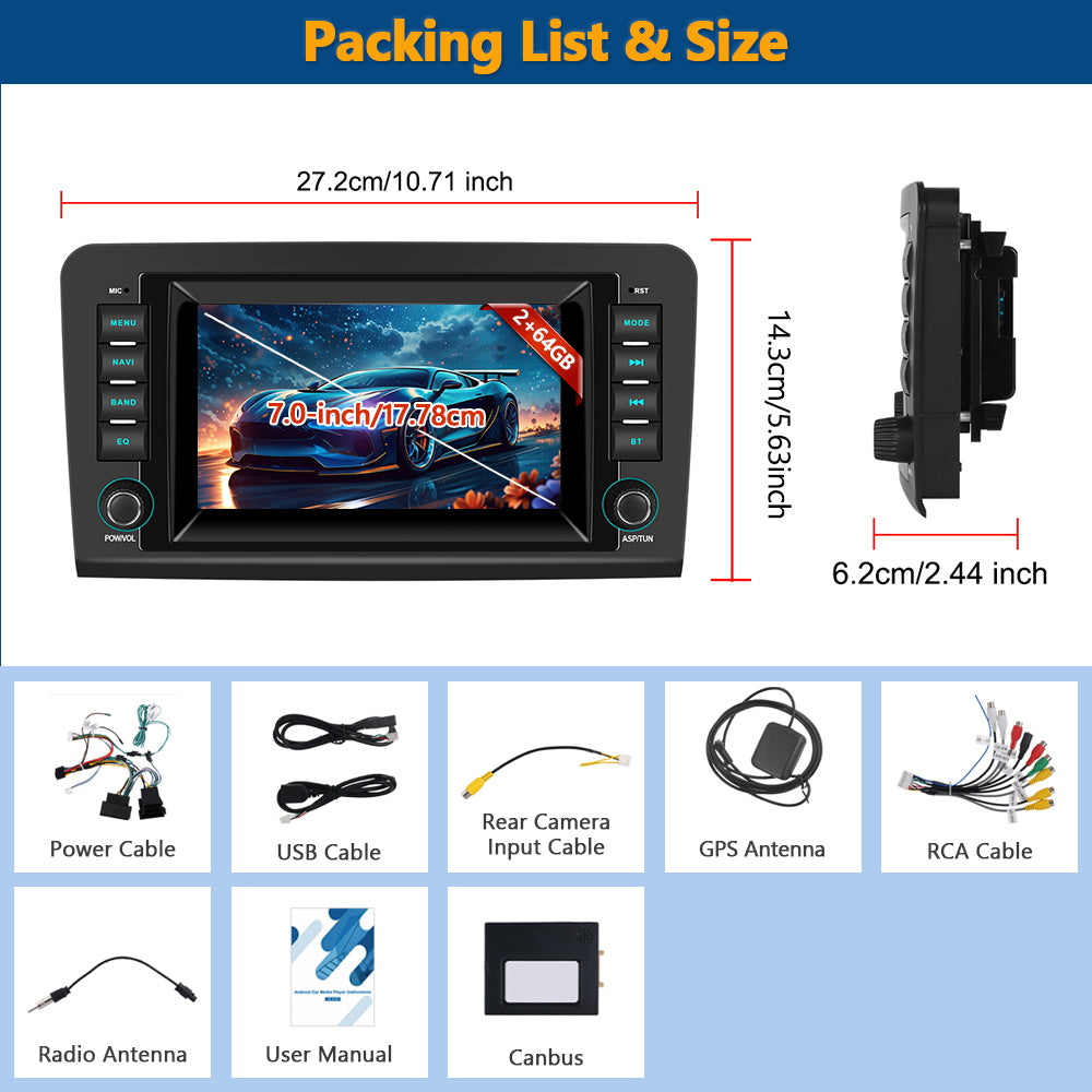 Android Autoradio – Multimedia Systeem – Infotainment Unit – Navigatie Radio – Auto Headunit – 7 Inch Touchscreen – Draadloze CarPlay & Android Auto – Android 15 2GB RAM 64GB Opslag – GPS Navigatie Met WiFi Updates