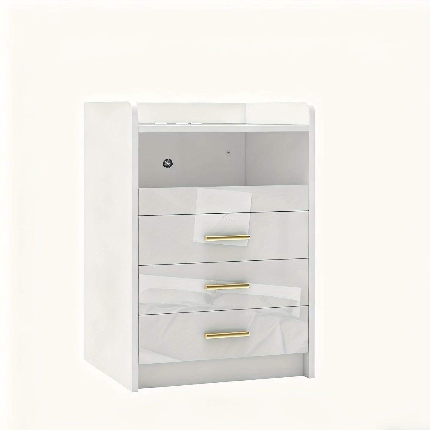 Zwarte Moderne Nachtkast – Zwaar Belastbaar, 3 Lades en Open Plank – Compacte Smalle Kast voor Kleine Ruimtes met Gouden Knoppen, Houten Look Bovenblad, Eenvoudige Montage