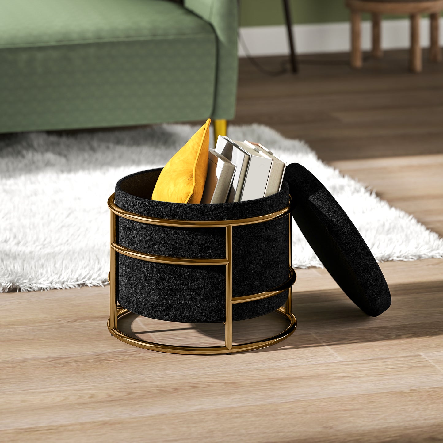 Voetenbankje – Voetensteun – Poef – Zitbankje – Opbergpoef – Fluwelen Bekleding – Gouden Metaal Frame – 24L Opbergruimte – Max 120 kg