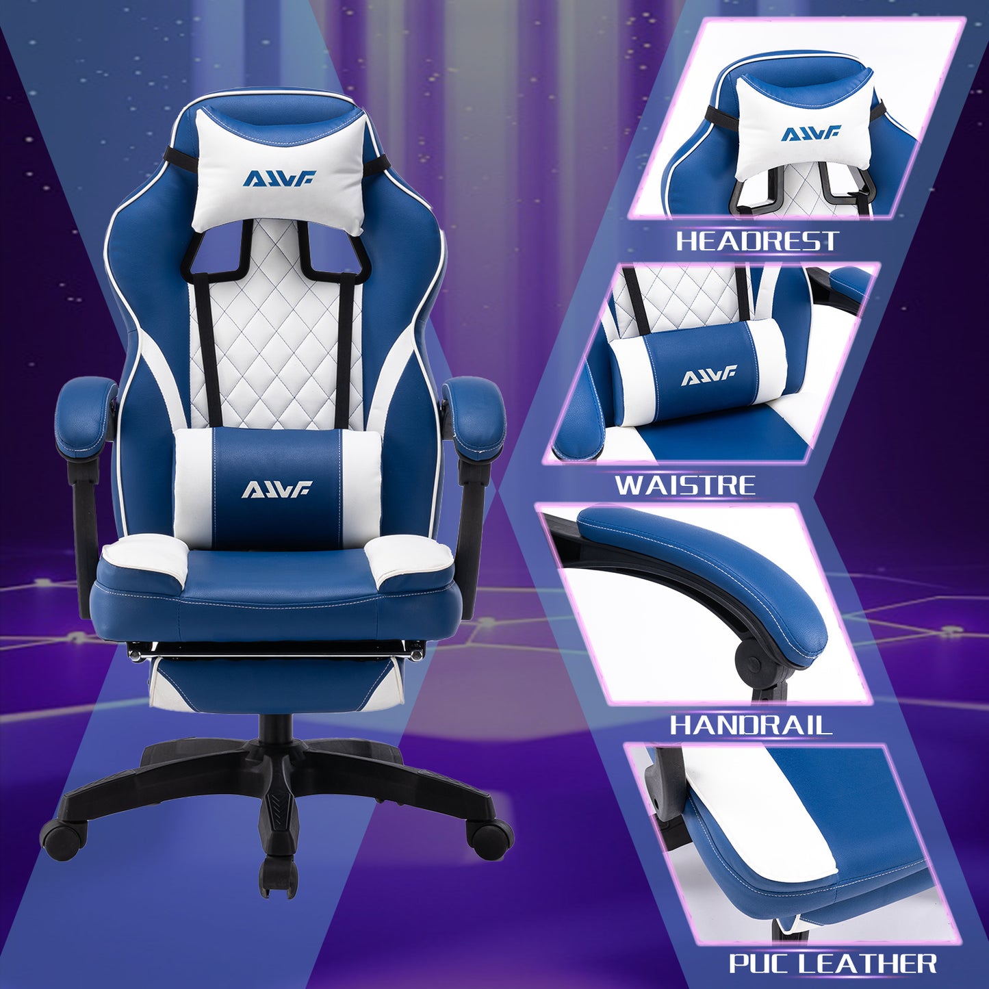 Gamestoel – Gamingstoel – Gaming Chair – Bureaustoel – Game Stoel – Verstelbare Voetensteun – Ergonomische Lendensteun – PU Leer – 360° Draaibaar – Stevig Metaal – Khaki/Wit
