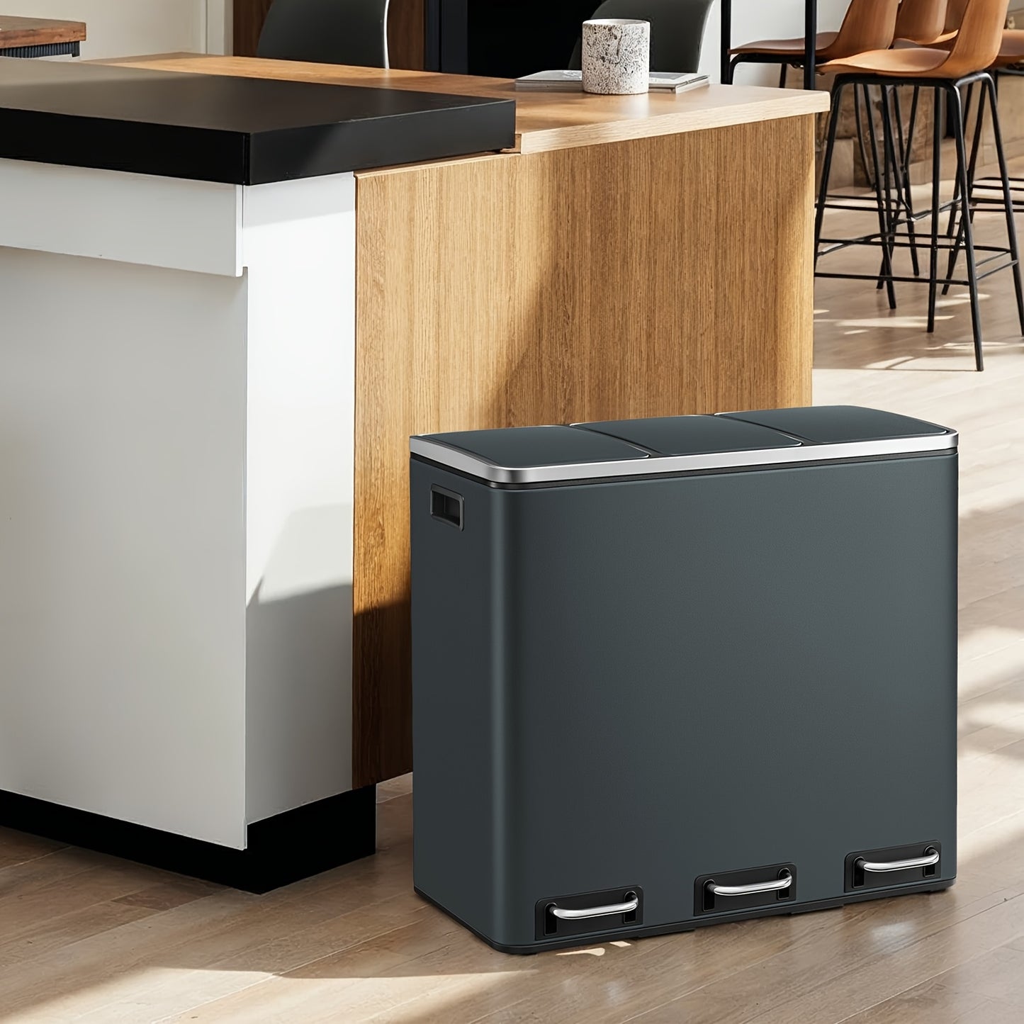 Kitchen Bin, 3 X 18L Recycling Bin, 3 Compartment Rubbish Bin for Recycling And Waste, 15 Liners Included, Soft-Close Lids, Pedals, Inner Buckets, Steel,