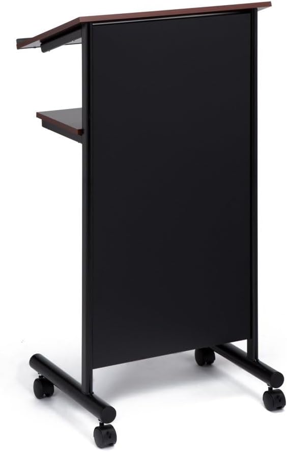 Audio-Visual Direct Lessenaar Podium op wielen - sta-bureau met opbergplank - kers/zwart - ideaal voor presentaties en laptopgebruik