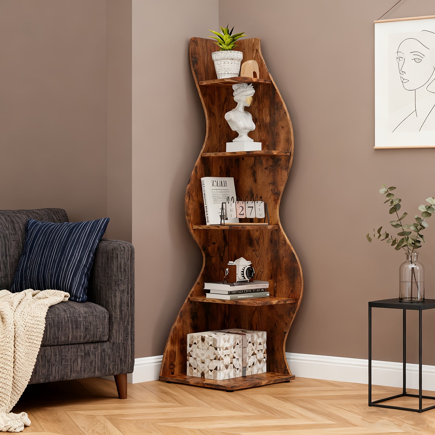 Boekenplank – Boekenkast – Wandplank – Boekenrek – Opbergrek – Golvend Modern Design – 5 Ruime Planken – Massief Hout & MDF – Vrijstaand Retro Bruin