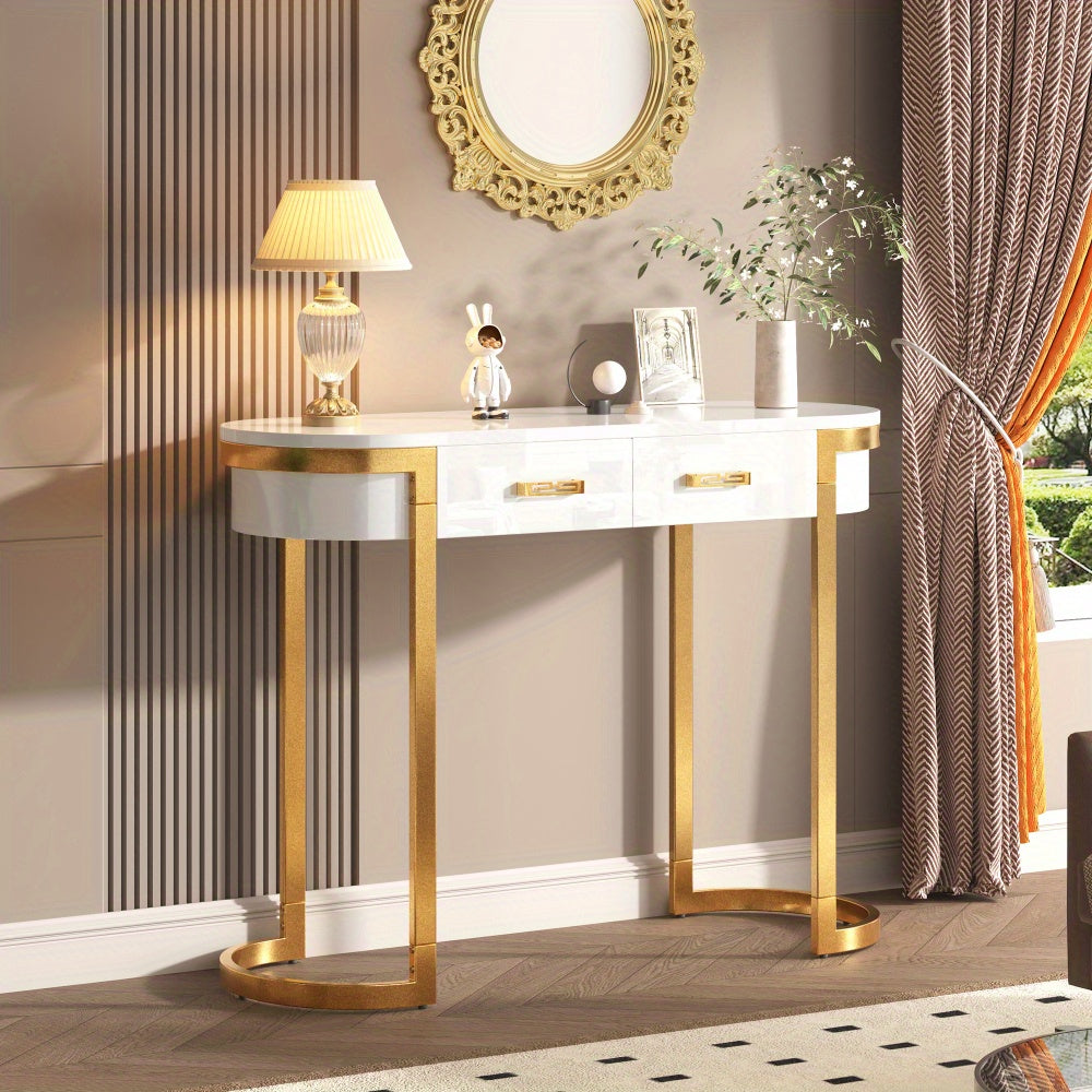 Sidetable – Consoletafel – Wandtafel – Haltafel – Dressoir – Zwart met Gouden Accenten – Hoogglans MDF – 99 cm Breed – Stevig en Eenvoudig te Monteren