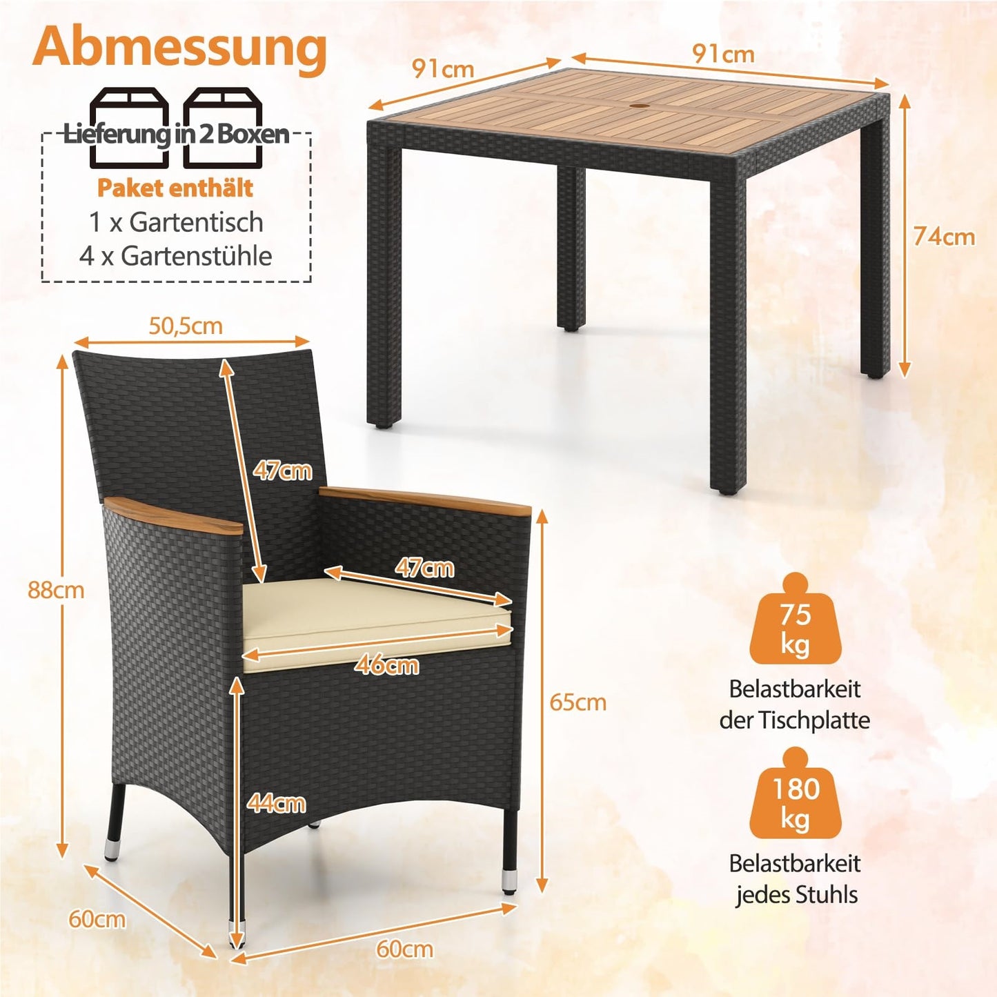 Rattan Tuinmeubelset – Tuinset – Buitenmeubilair – Terrasmeubels – Tuinmeubelen – 5-delig voor 4 Personen – Acaciahouten Tafelblad – Inclusief Parasolopening