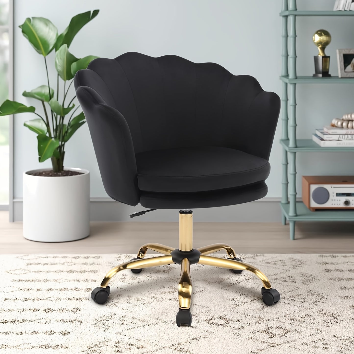 Elegant Velvet Office Chair with Adjustable Height & Swivel Function - Modern Metal Frame, Golden Accents, and Wheels for Bedroom or Study, Office Chair Cushion, Study Room Furniture, Contemporary Design, Sturdy Construction,