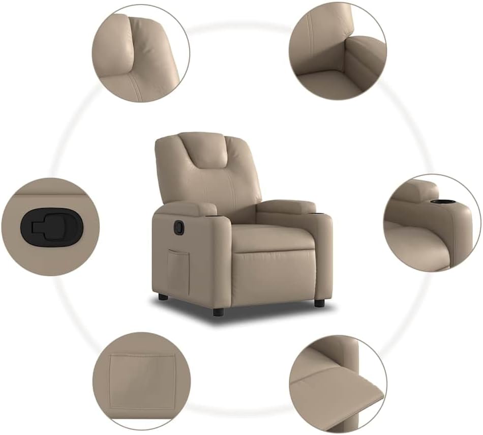 Fauteuil Verstelbaar – Relaxfauteuil – Relaxstoel – Armstoel – Leunstoel – Kunstleer Cappuccino – Handmatig Verstelbaar Tot 135° – Inclusief Bekerhouders En Zijvak