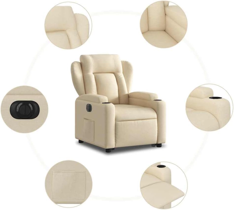 Relaxstoel Met Opstahulp – Elektrische Relaxstoel – Tv-Stoel – Ligstoel – Stoel Voor Woonkamer – Crèmestof Bekleding – Elektrisch Kantelsysteem – Maximaal Kantelen 135 Graden
