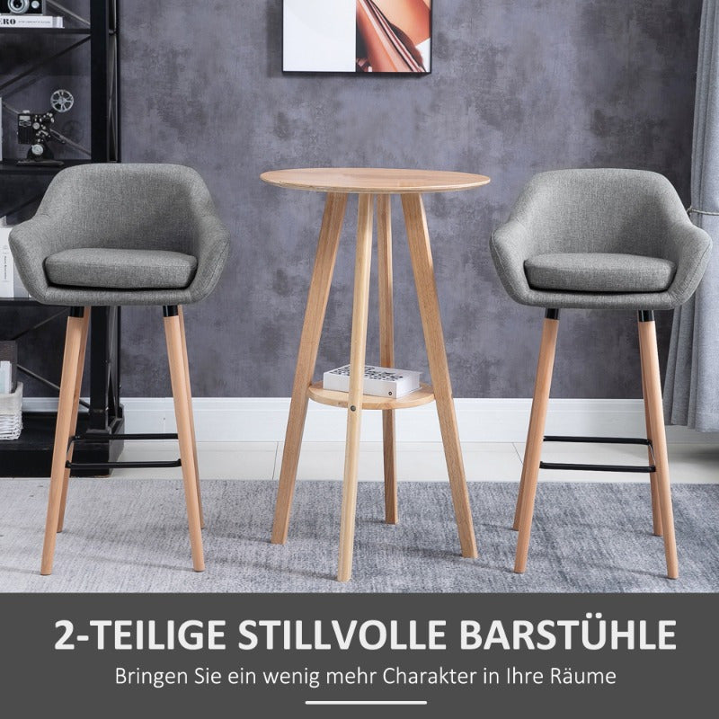 Barstoel Set – Barkruk – Hoge Kruk – Keukenstoel – Bistrostoel – Gecushioneerde Zitting – Met Voetensteun – Grijs Stoffen Bekleding – 55x48x100 cm