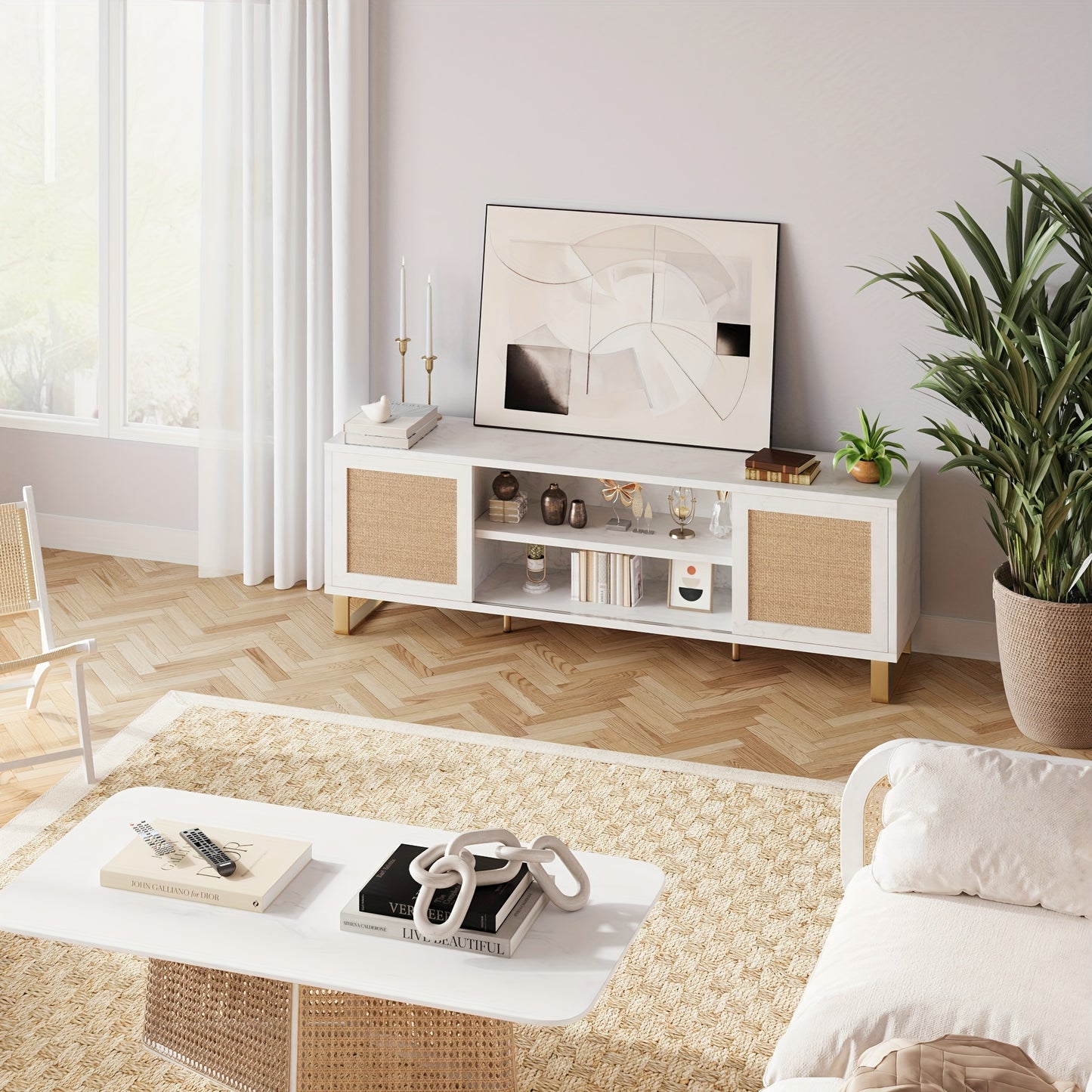 Tv Meubel – TV Kast – TV Meubelkast – TV Dressoir – Entertainment Center – Wit Met Rattan – Geschikt Voor TV Tot 165 cm – Verstelbare Planken