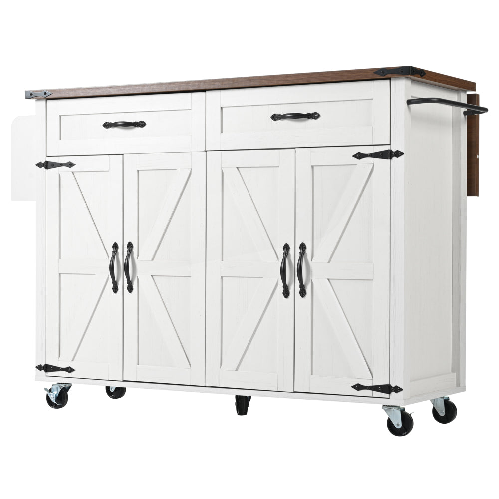Mobile Kitchen Island Cart with Pull-Out Worktop, 4 Doors & 2 Drawers - Heavy-Duty Metal Frame White/Black Rolling Cabinet on Casters, Space-Saving Mobile Storage Trolley for Small Kitchens, Easy Assembly (No Wood)