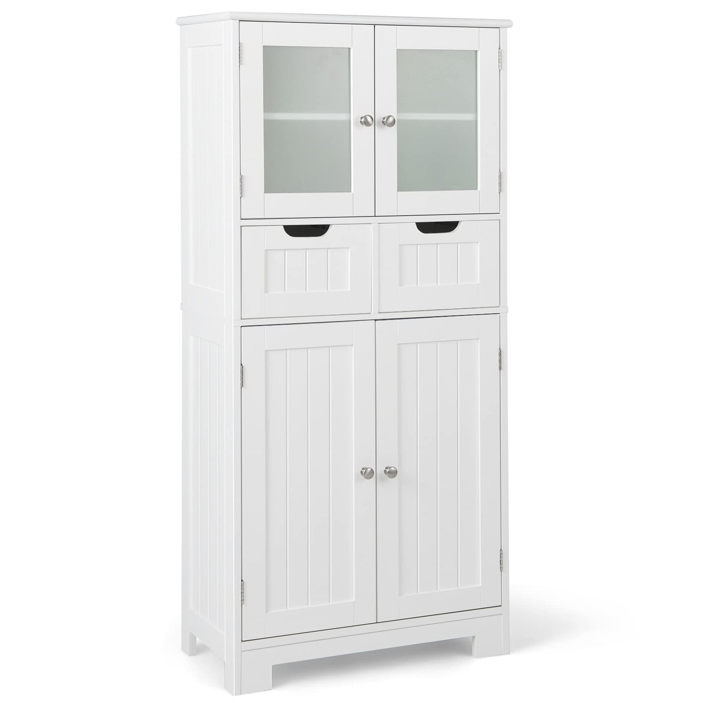 Vrijstaande Kast – Opbergkast – Badkamerkast – Keukenkast – Woonkamerkast – 4 Deuren Met 2 Glazen Deuren – Verstelbare Planken & Anti-Omvalbeveiliging – Wit