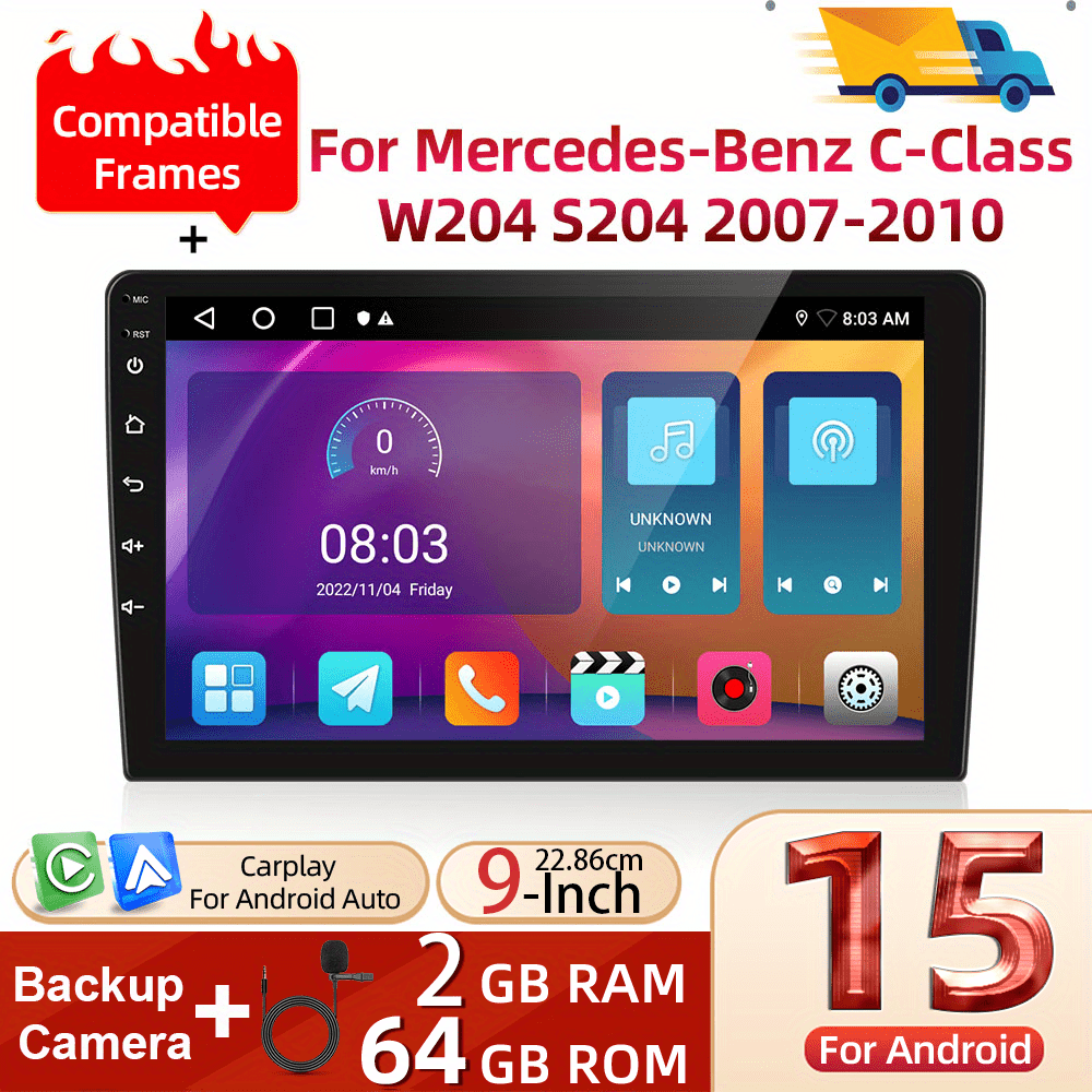 Double DIN Autoradio – Android Multimedia Systeem – Touchscreen Radio – Auto Stereo Navigatie – Mercedes C-Klasse W204 S204 2007-2010 – Draadloos CarPlay & Android Auto – 9 Inch Scherm met Achteruitrijcamera en Microfoon
