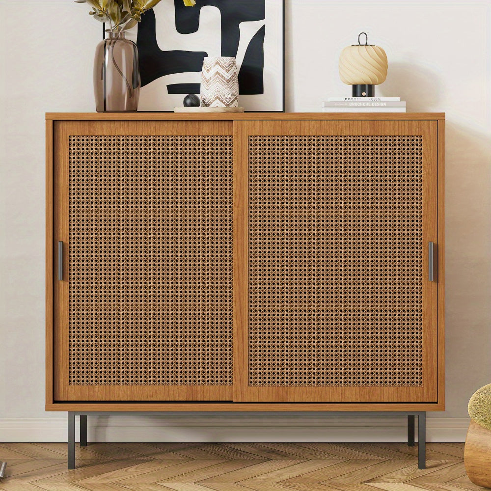 Dressoir – Buffetkast – Ladekast – Opbergkast – Kast – Modern Landelijk Design – 2 Schuifdeuren – Verstelbare Plank – Massief Hardhout – Vrijstaand – Ruimtebesparend – Open Plank – Duurzaam