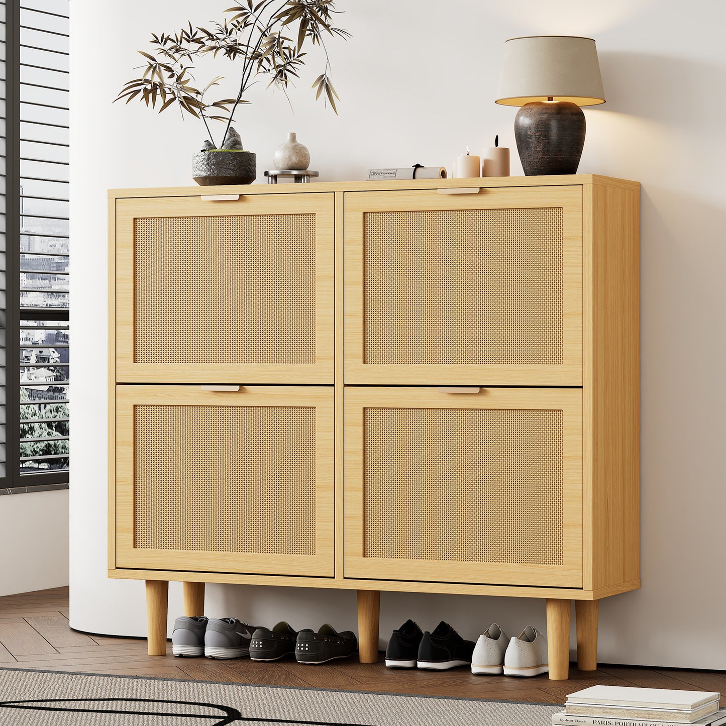 BTM Shoe Cabinet with 4 Folding Drawers, Rattan Shoe Dresser with Metal Handles, Shoe Rack for Hallway, Bedroom, Apartment, Wooden Furniture, Rustic Style, Dimensions: 100 x 25 x 90 cm