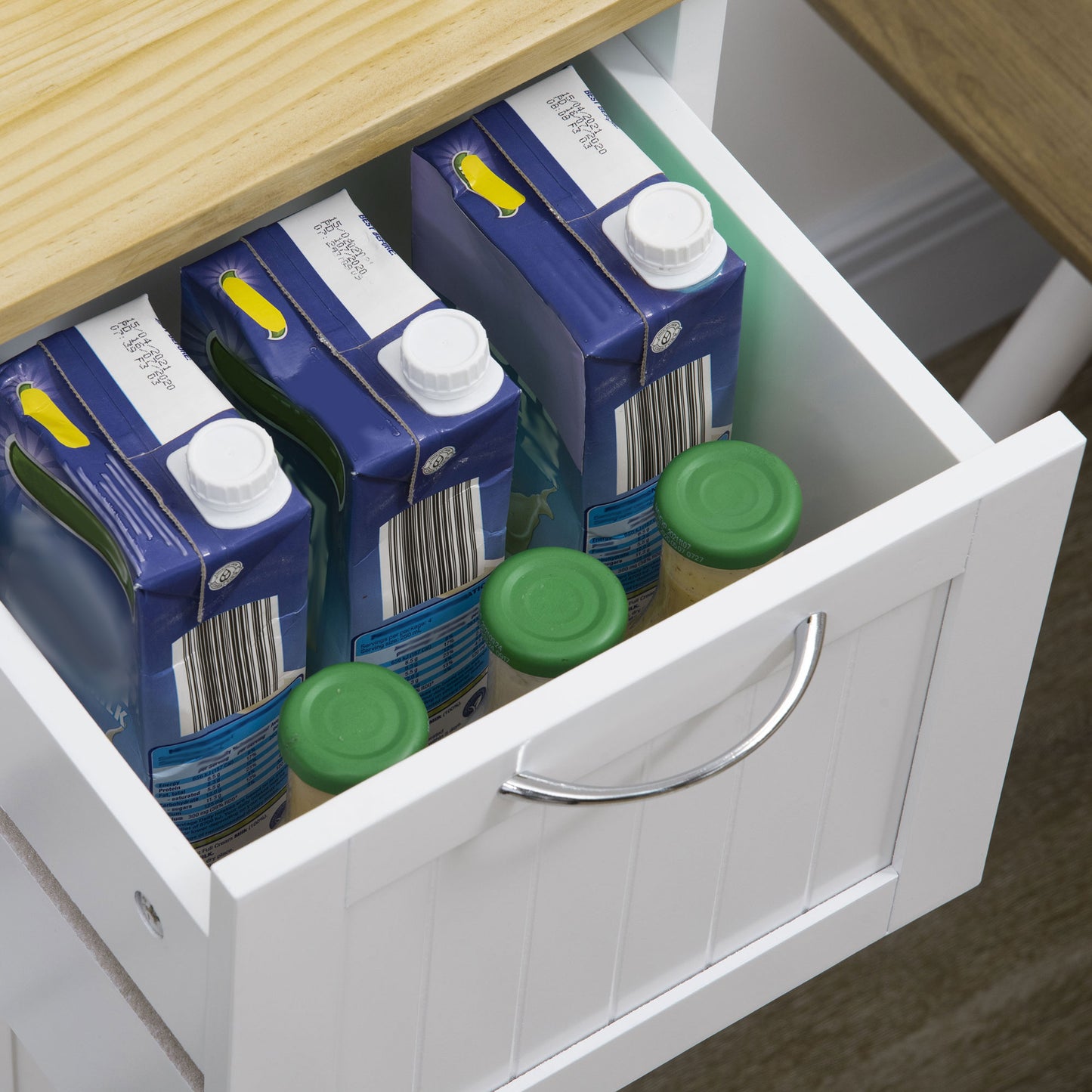 Keukenwagen – Keukentrolley – Serveerwagen – Keukenmeubel – Werktafel – Landelijke Witte Stijl – 3 Grote Lades – 4 Wieltjes Voor Makkelijk Verplaatsen