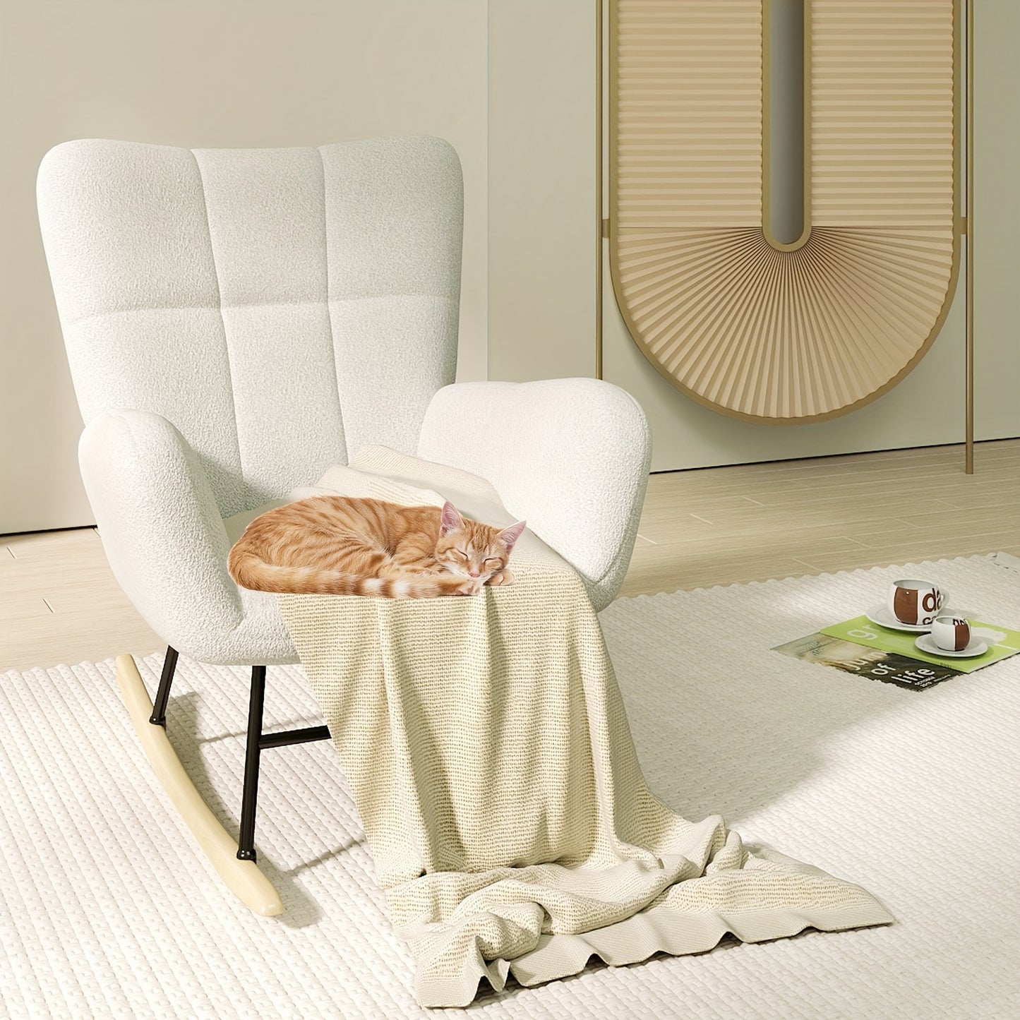 Schommelstoel – Relaxstoel – Fauteuil – Voedingsstoel – Loungestoel – Hoge Rugleuning – Teddy Fleece Bekleding – Memory Foam Zitting – Massief Houten Poten – Handmatig Schommelmechanisme – Wit