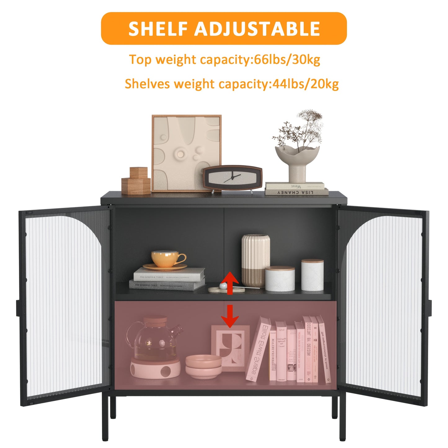Living Room Bedroom Kitchen Metal Sideboard, Accent Storage Cabinet with 2 Glass Doors and Adjustable Shelves for Coffee Bar or Hallway Decor - H80cm×W80cm×D35cm