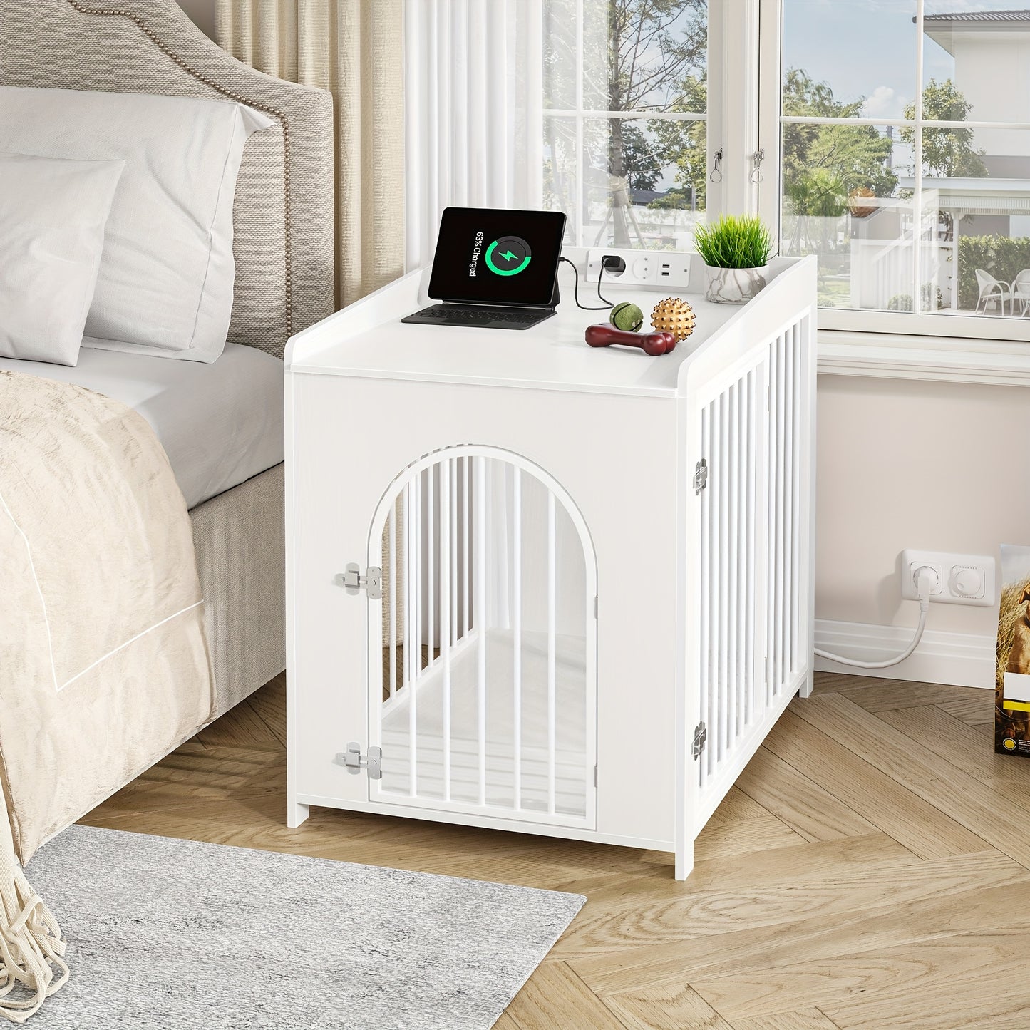 Hondenbench – Hondenkooi – Hondenhok – Bench – Reisbench – Wit – 2 Deuren – Met USB Poorten & Stopcontact – 90x63x79 cm – Voor Middelgrote Honden