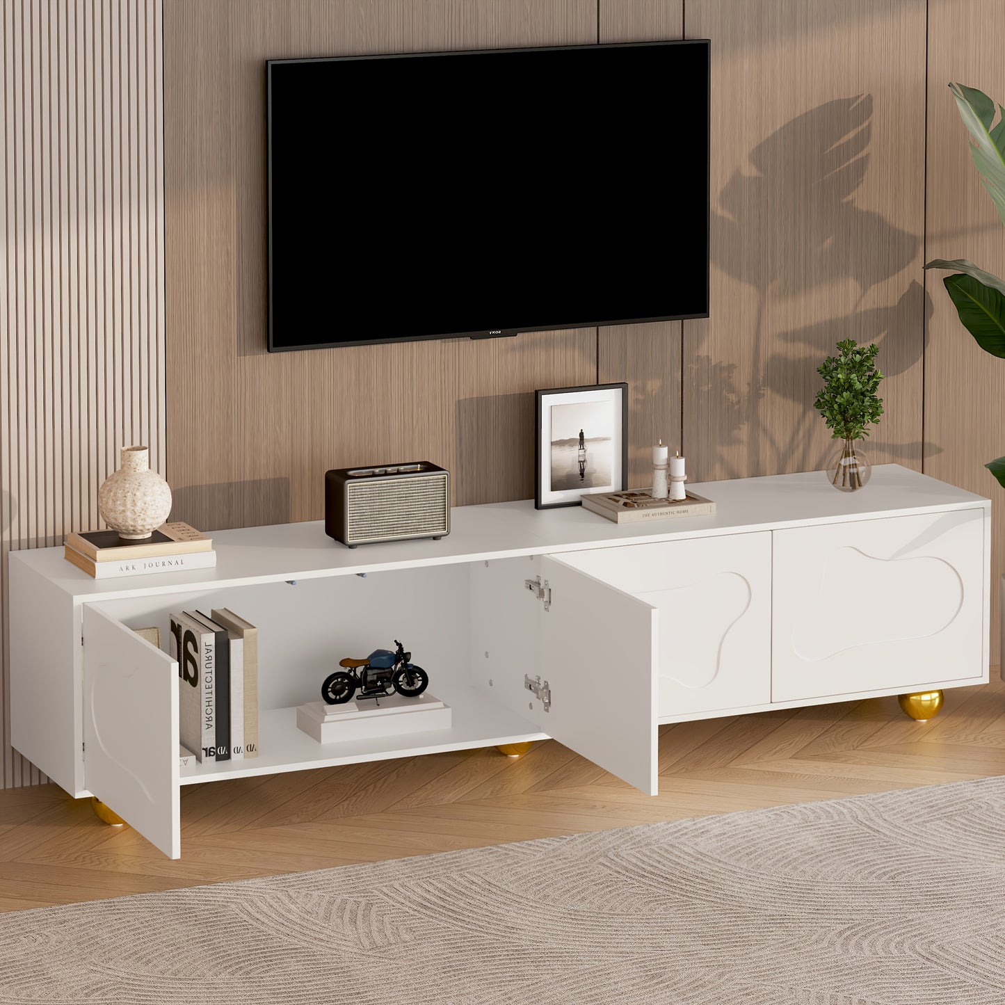 TV-kast – TV-meubel – TV-dressoir – Media-meubel – TV-standaard – Wit met Gouden Poten – Stevig 5-Poten Design – 3,2+ Kubieke Voet Opbergruimte