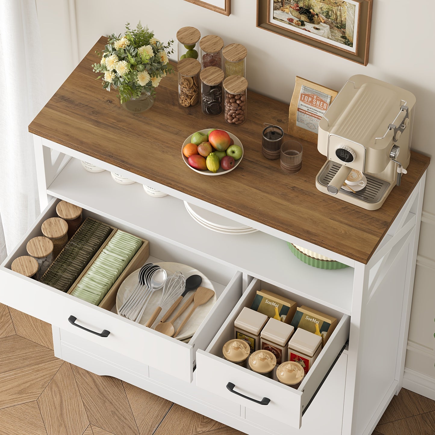 Kealive Modern White & Brown Wood Kitchen Cabinet with 2 Drawers & 3 Doors - Adjustable Shelves, -Standing Storage Cupboard, Space-Saving Design for Small Spaces, Hallway, Dining Room - Particleboard/ (Easy Assembly