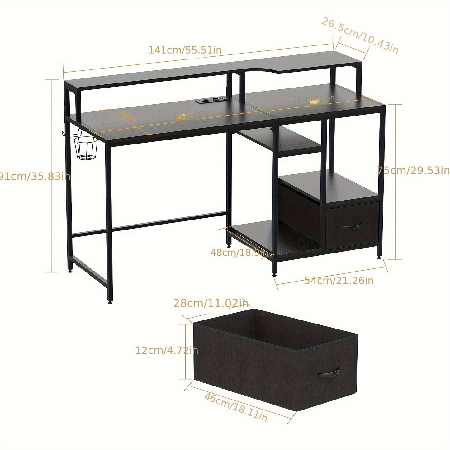2-Tier Modern Computer Desk With Cup Holder & Headphone Stand - Wooden Desktop + Sturdy Metal Frame, Removable Fabric Drawer & Space-Saving Design For Home Office/Study Room (141x41x75cm)