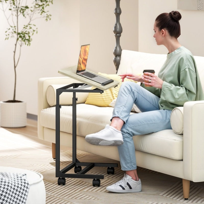 Verstelbare Bijzettafel – C-Vormige Tafel – Mobiele Salontafel – Rollende Laptoptafel – Compacte Kar – Metalen Frame – Verstelbare Hoogte 62,5-82,5 cm