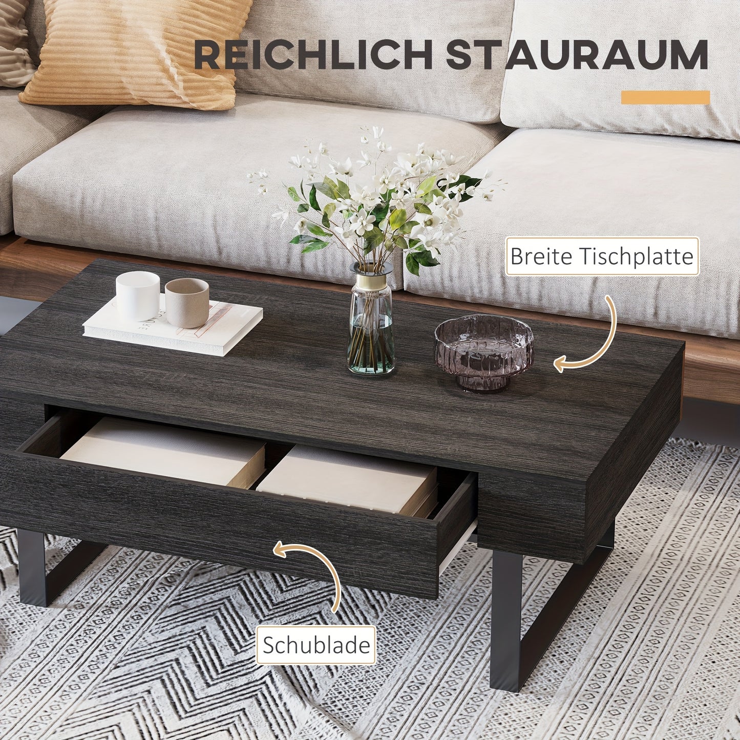 Modern Industrial Coffee Table Side Table with Drawer & Open Shelf - Heavy-Duty Steel Frame, Easy Assembly, Space-Saving Storage Center Table for Living Room, Office, Apartment - Sturdy Metal Furniture, Coffee Table for Livin