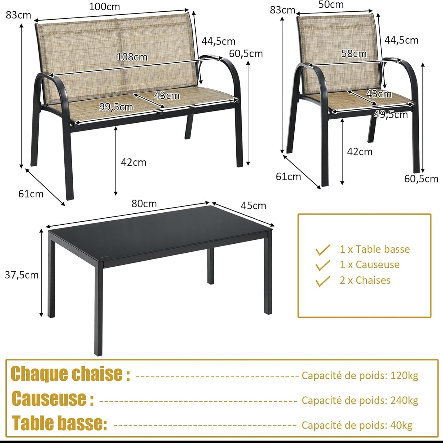 Loungeset Buiten – Tuinmeubelen – Terrasset – Loungeset Compact – Tuinset 4-delig – Weerbestendig Metaal – Comfortabele Kussens