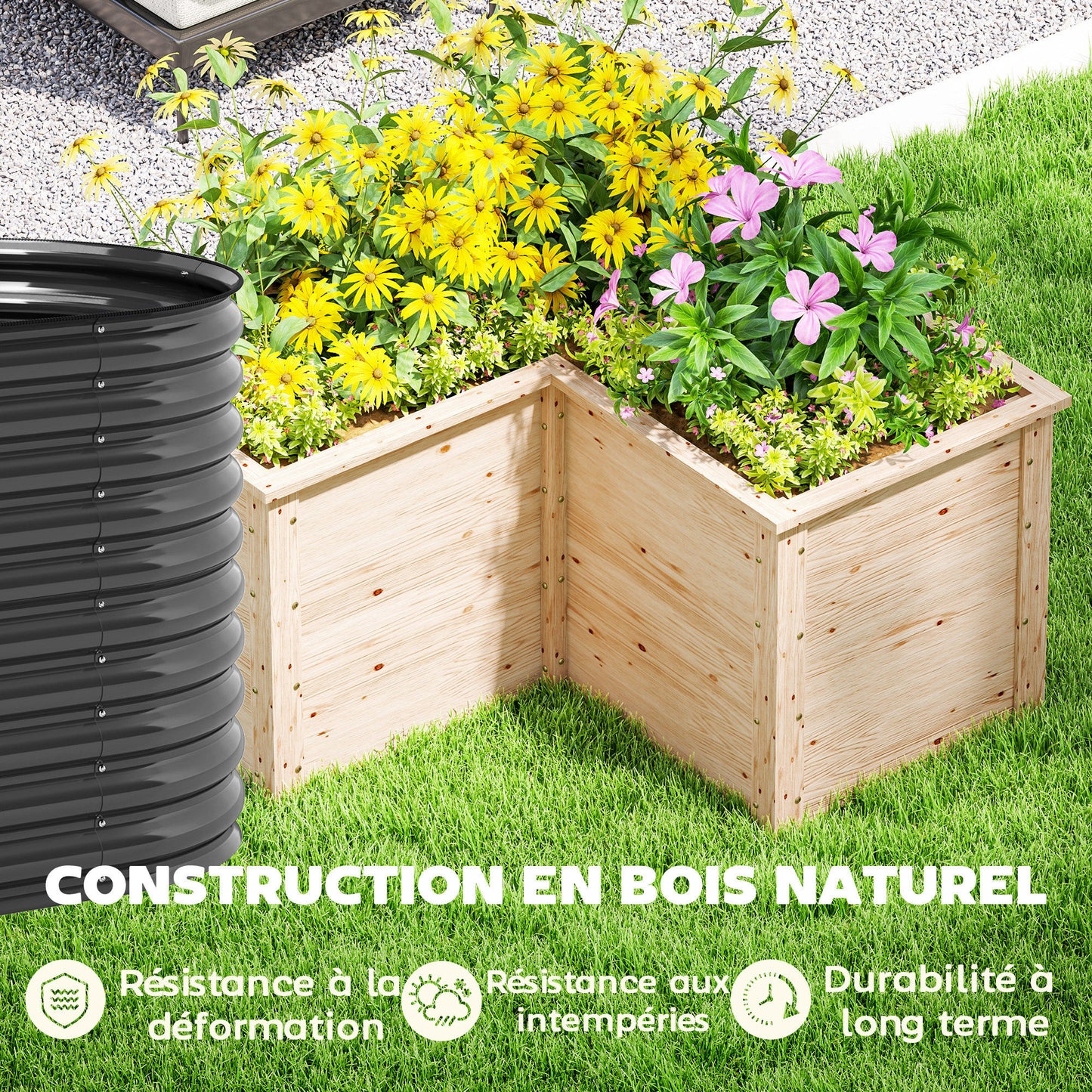 Verhoogde Plantenbak – Moestuinbak – Bloembak – Tuinbak – Kruidenbak – L-vormig Design – Natuurlijk Vurenhout – Open Achterkant – 120x120x62 cm