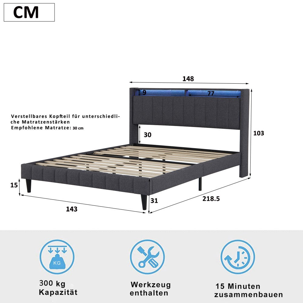 Bedden – Tweepersoonsbed – Gestoffeerd Bed – Slaapbed – Bedframe – 140x200 cm – USB Oplaadpunt – LED Verlichting