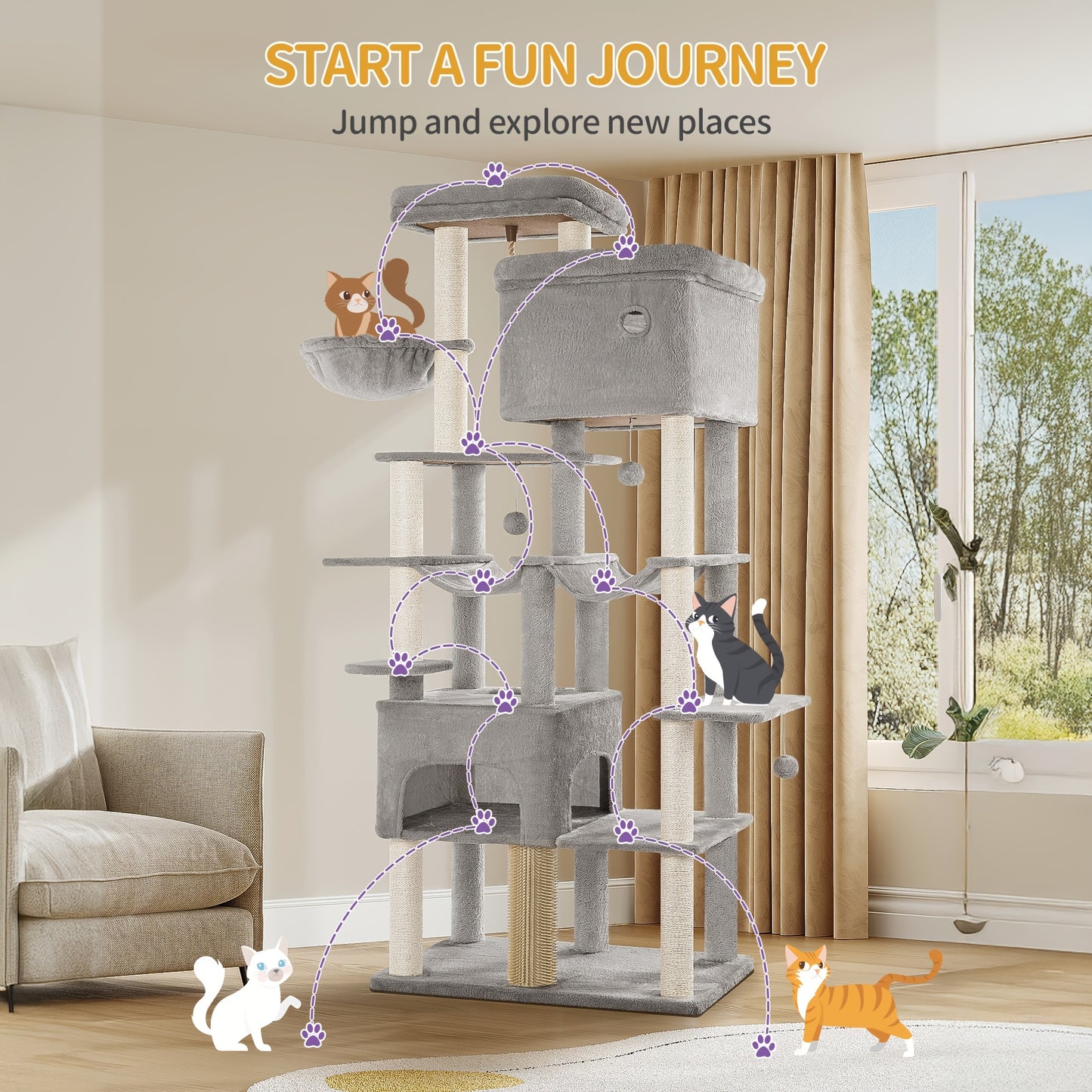 Cat Scratching Post 200cm XXL, Includes 10 Scratching Posts, 2 Cat Beds, 2 Hammocks, Large Platform, Cat Brush, Basket, Heavy-duty Cat Tree, Suitable for Maine Coons And Large Cats, Light Grey, Dark Grey, Beige, Pet Climbing - QUORE