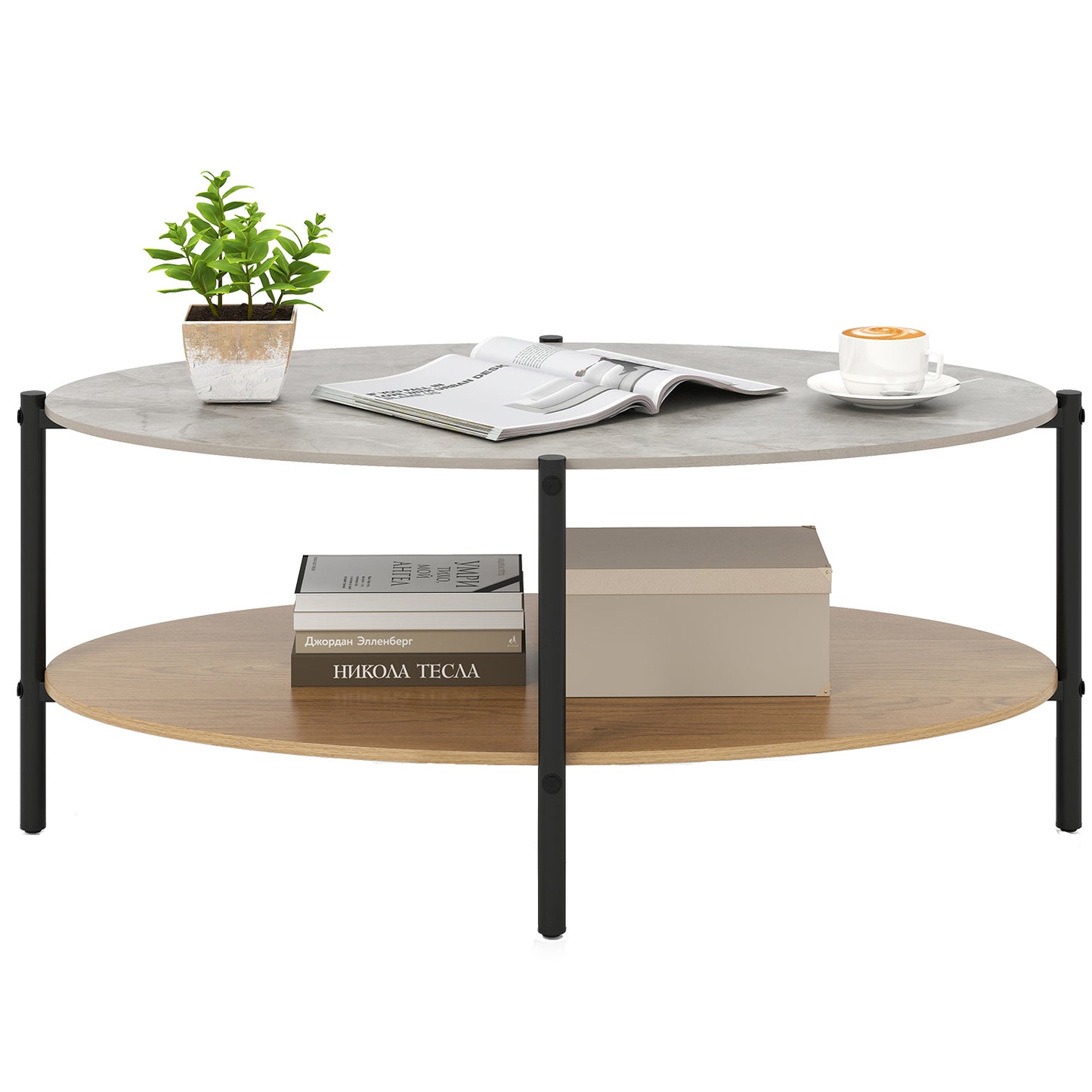 Salontafel – Koffietafel – Woonkamertafel – Lounge Tafel – Bijzettafel – Ovaal – Twee Opbergniveaus – Metaal & Faux Marmer Blad – 105x65x43 cm