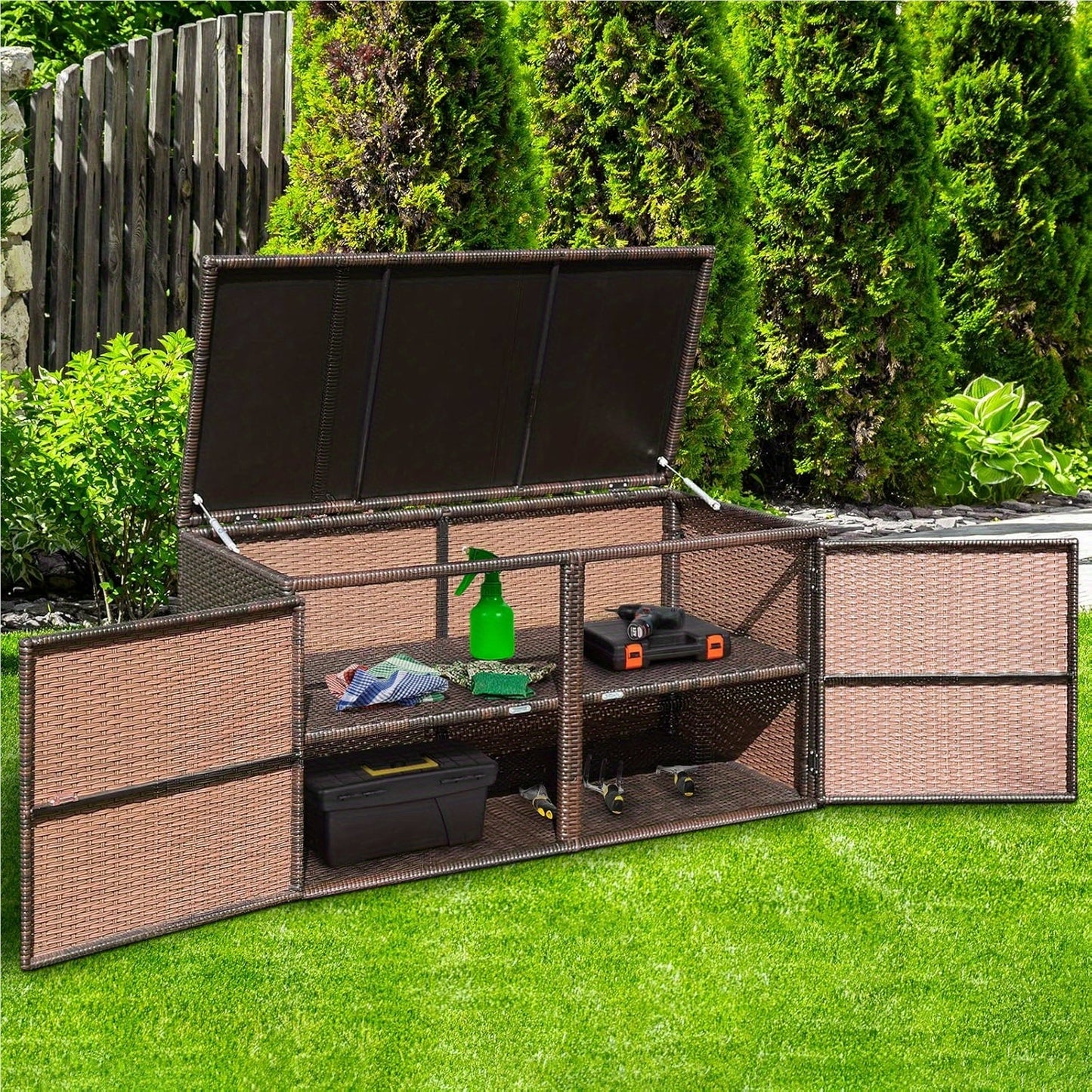 Rattan Opbergkist – Tuinbox – Buitenkast – Opbergkast – Speelgoedkist – Weerbestendig Met Metalen Frame – 2-laags Met Deksels