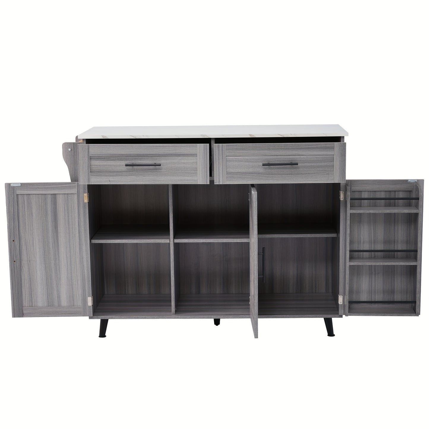 keukentrolley – keukenkarren – serveertrolley – keukenwagen – mobiele keukenunit – modern design – marmeren werkblad – uitschuifbaar blad – wielen met remmen – grijs met khaki deuren