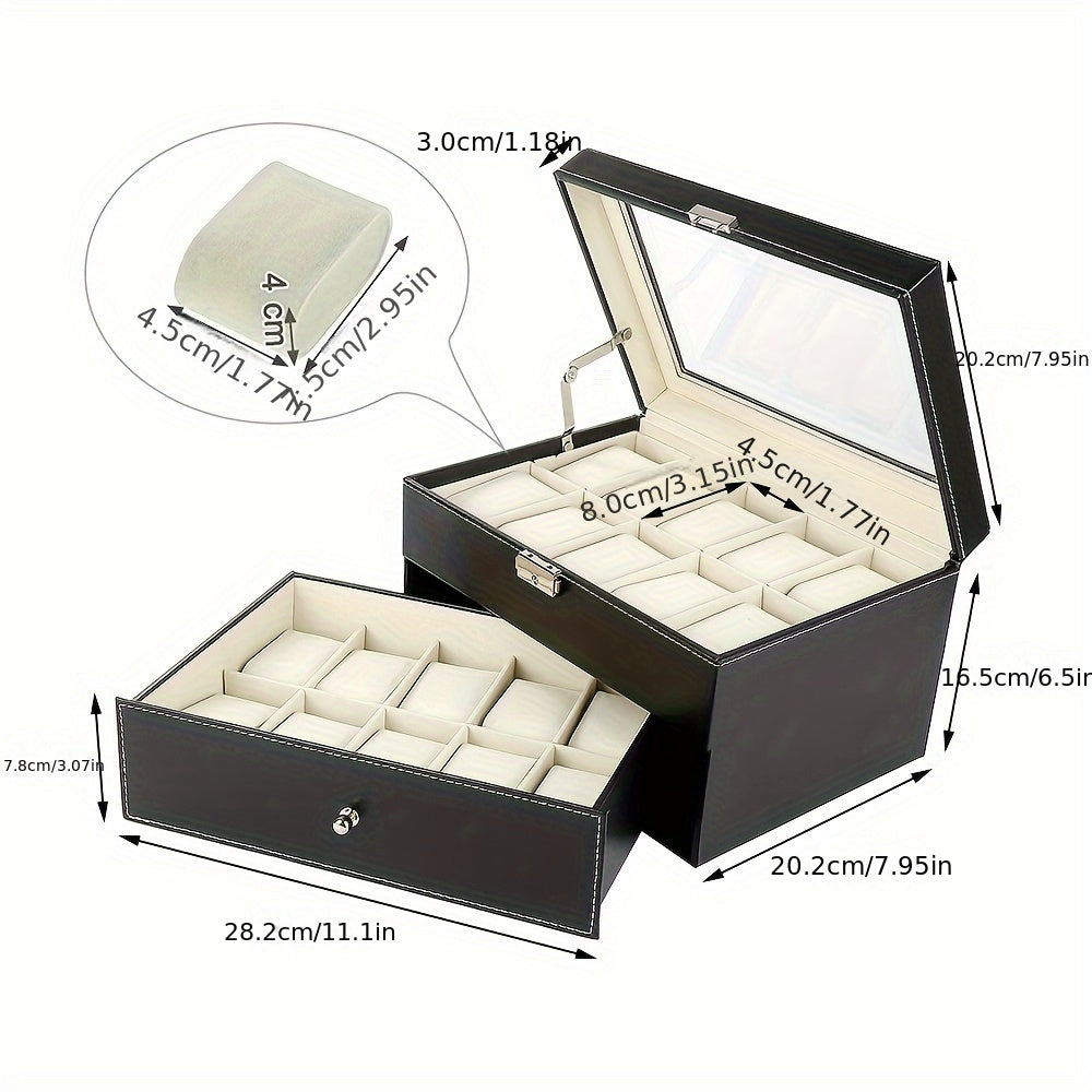 20 Slot Watch Box with Lock, Double Layer PU Watch Case Organiser Display with Glass Top, 29x21x17cm Storage for Men Women (Black), Large Watch Box, Watches Case Storage for Women, Watch Box for Men, Watch Storage Case, Watch