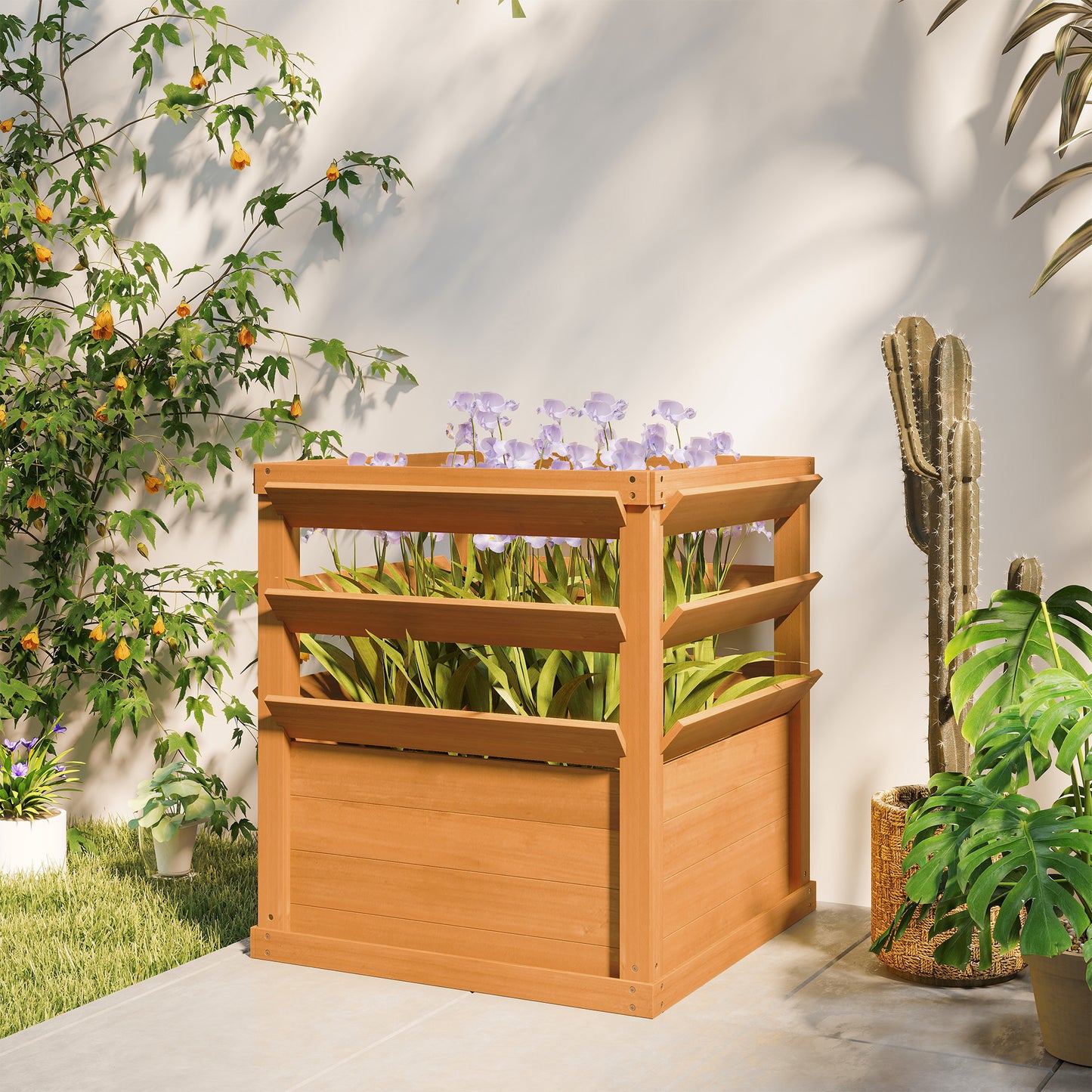 Raised Garden Bed with Trellis, Wooden Planter Box with Climbing Frame, 65 x 65 x 60 cm, Caramel Brown