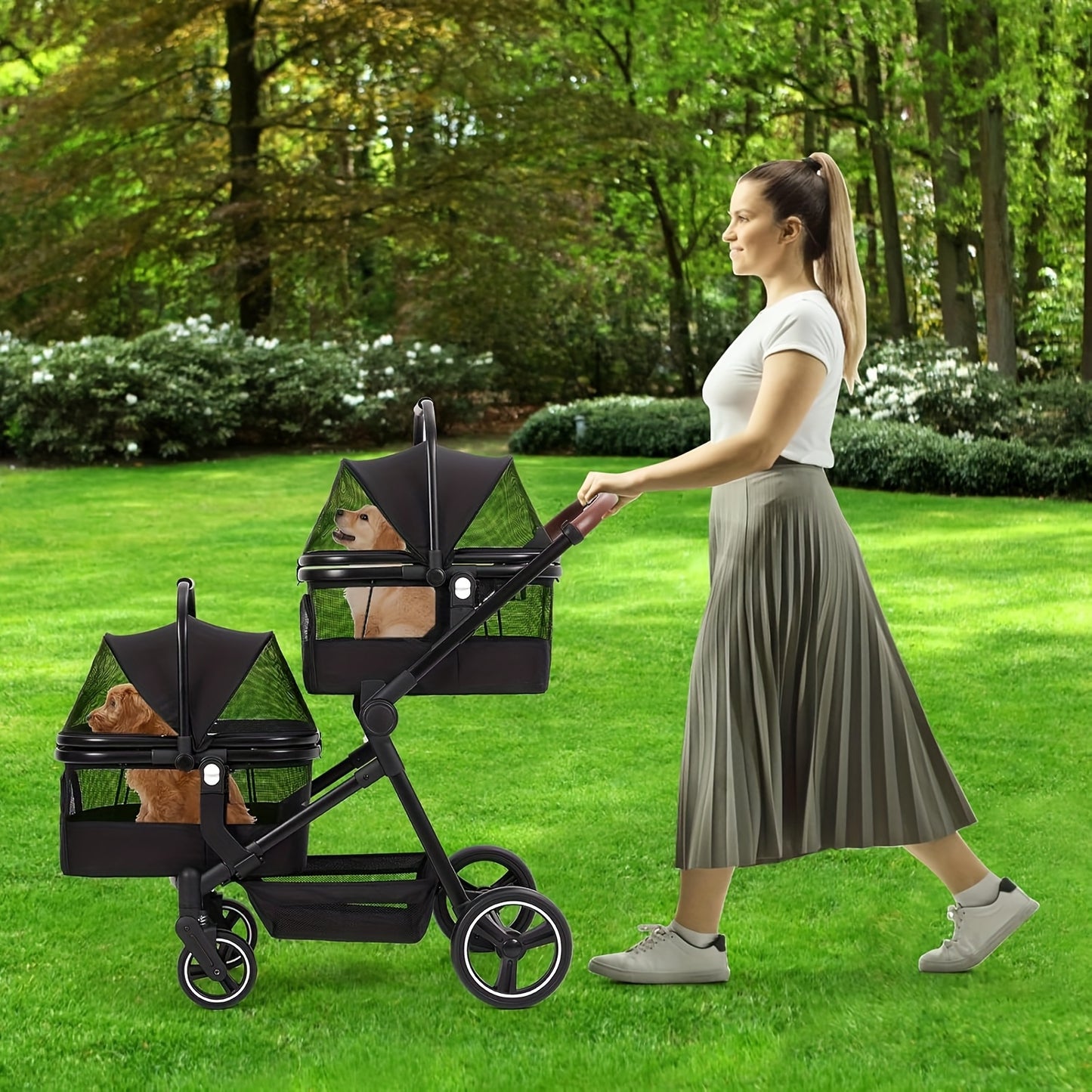 Hondenbuggy – Huisdierruimtewagen – Dierenwagen – Hondenstoel – Kattenbuggy – Dubbel draagvermogen 23 kg per niveau – Opvouwbaar aluminium frame met ventilatie mesh ramen